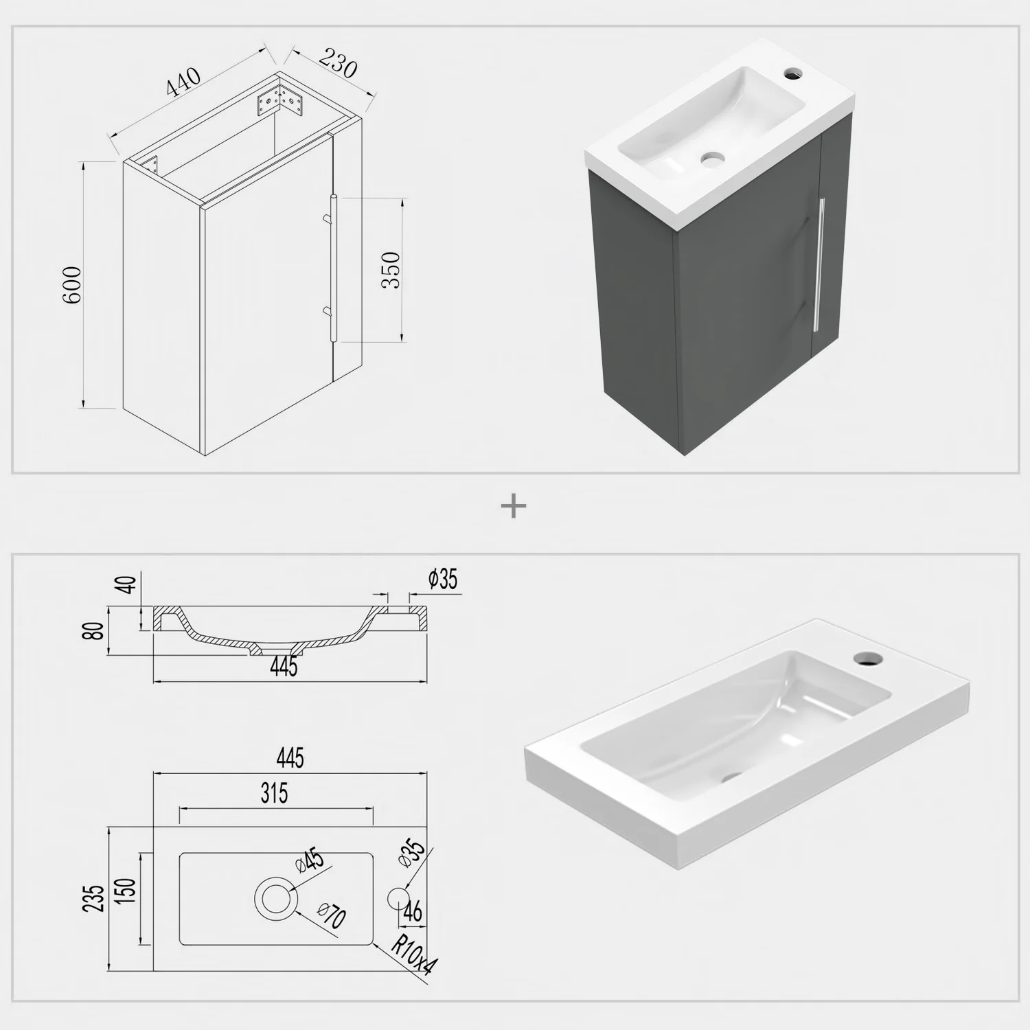 Aica Mobile Bagno Monoblocco Sospeso 44×23×60 cm per Piccoli Spazi con Maniglia e Lavabo in Alluminio - Image 14