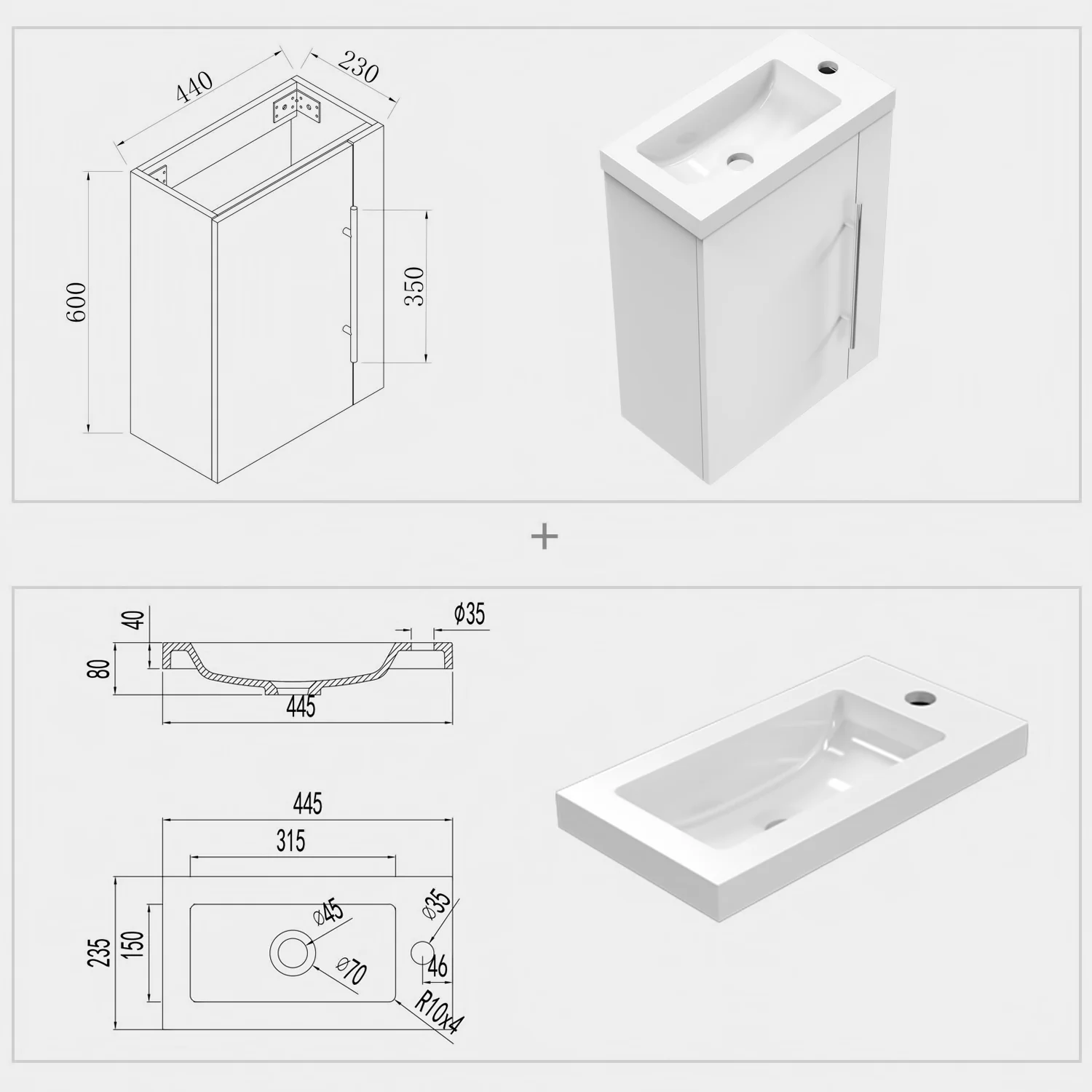 Aica Mobile Bagno Monoblocco Sospeso 44×23×60 cm per Piccoli Spazi con Maniglia e Lavabo in Alluminio - Image 24