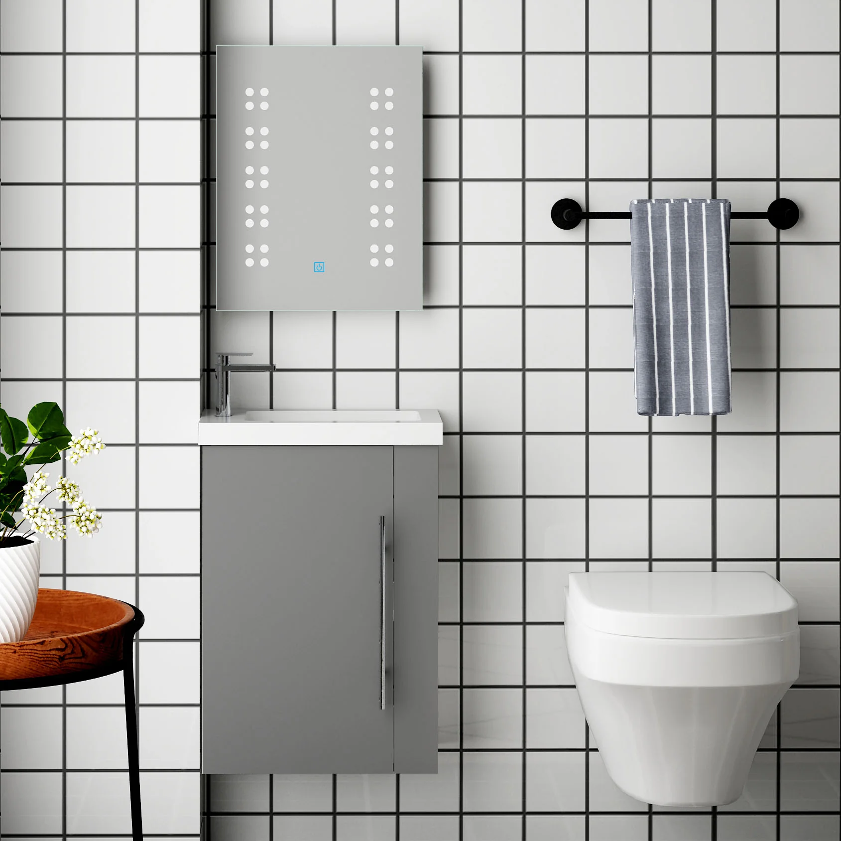 Aica Mobile Bagno Monoblocco Sospeso 44×23×60 cm per Piccoli Spazi con Maniglia e Lavabo in Alluminio - Image 3