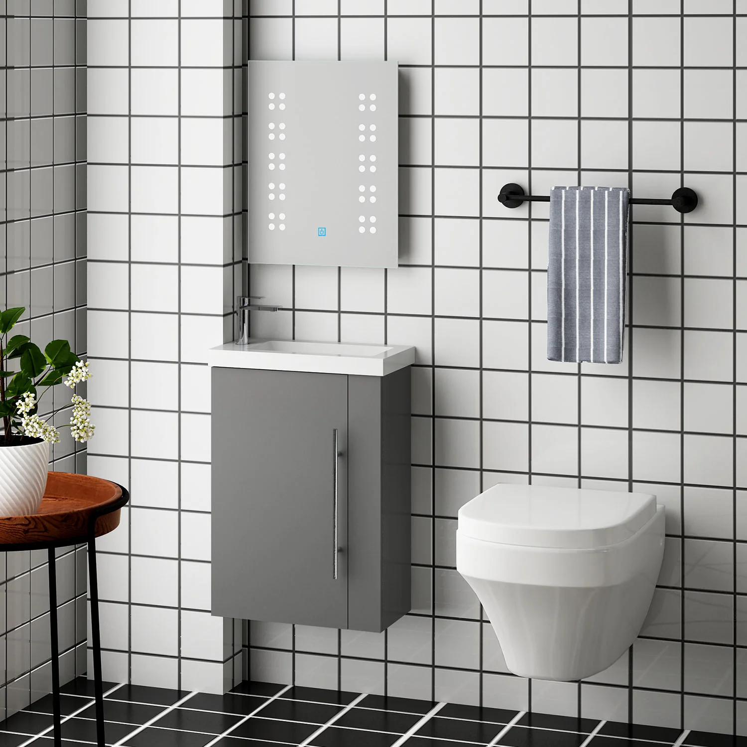 Aica Mobile Bagno Monoblocco Sospeso 44×23×60 cm per Piccoli Spazi con Maniglia e Lavabo in Alluminio - Image 4