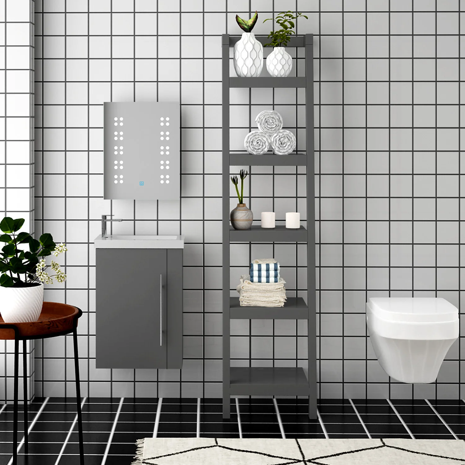 Aica Mobile Bagno Monoblocco Sospeso 44×23×60 cm per Piccoli Spazi con Maniglia e Lavabo in Alluminio - Image 5