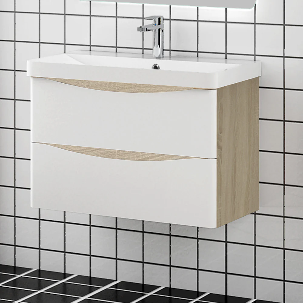 Mobile bagno sospeso salvaspazio Aica 80 cm con lavabo e cassetti in pietra artificiale - Image 2