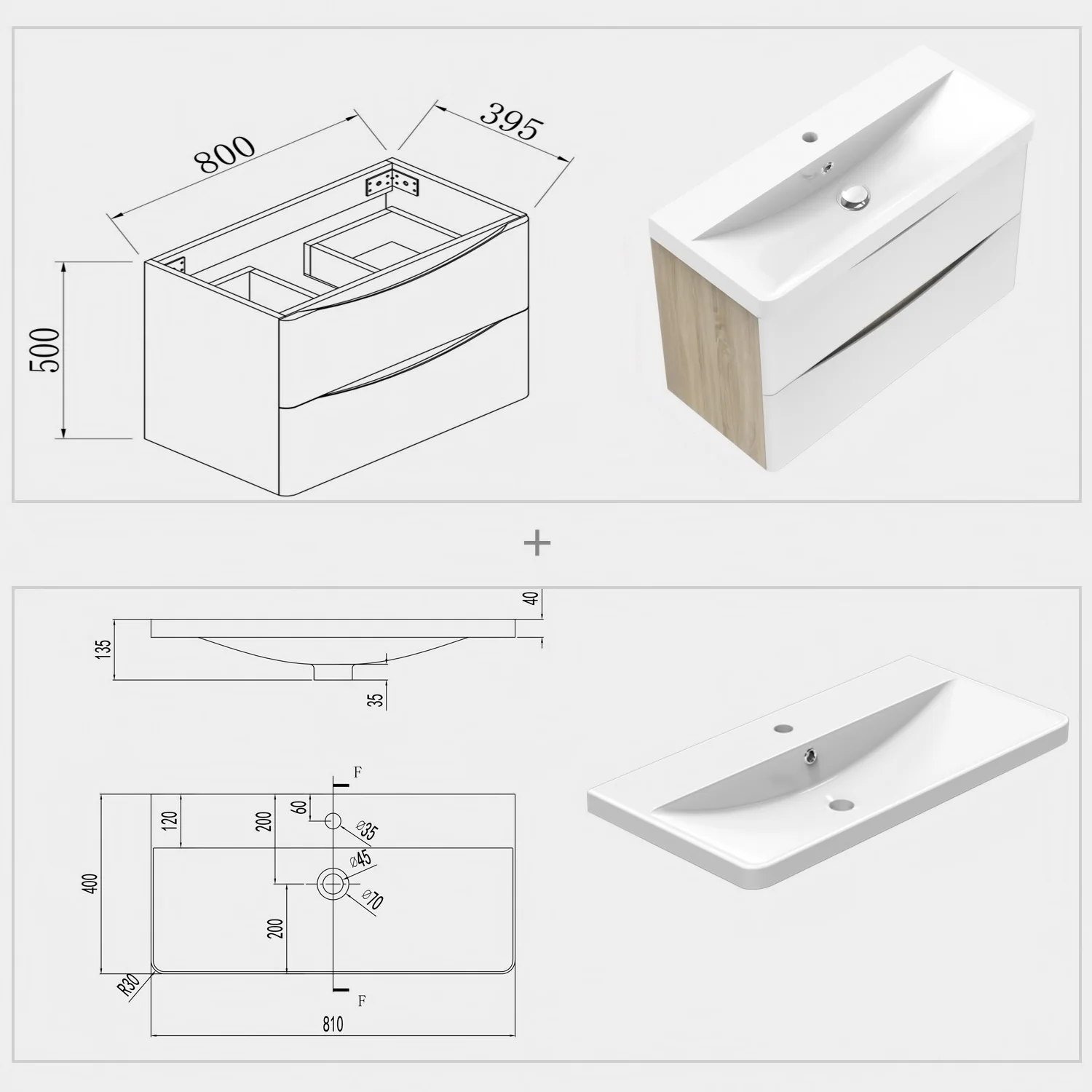 Mobile bagno sospeso salvaspazio Aica 80 cm con lavabo e cassetti in pietra artificiale - Image 5