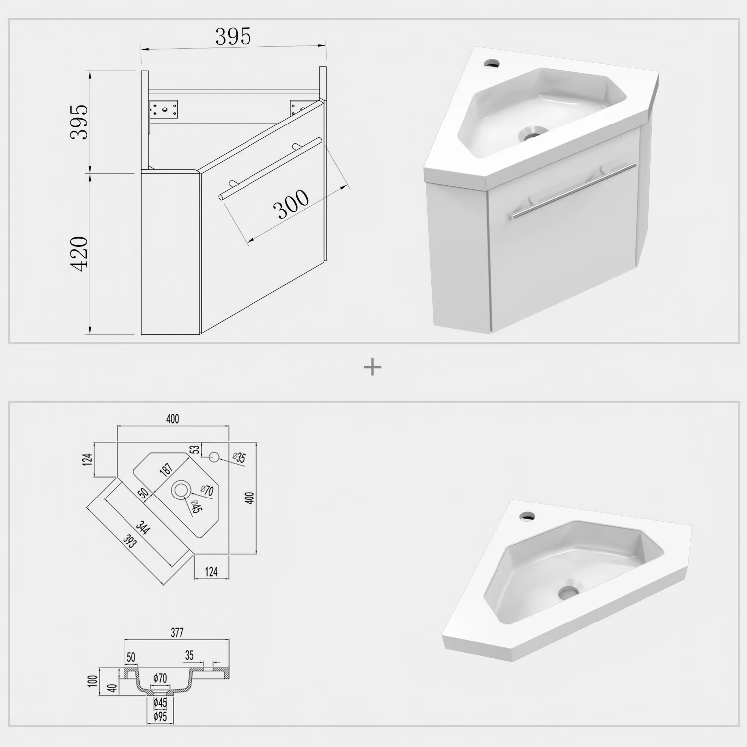 Mobile bagno triangolare sospeso Aica 40 cm con lavabo in pietra artificiale - Image 2