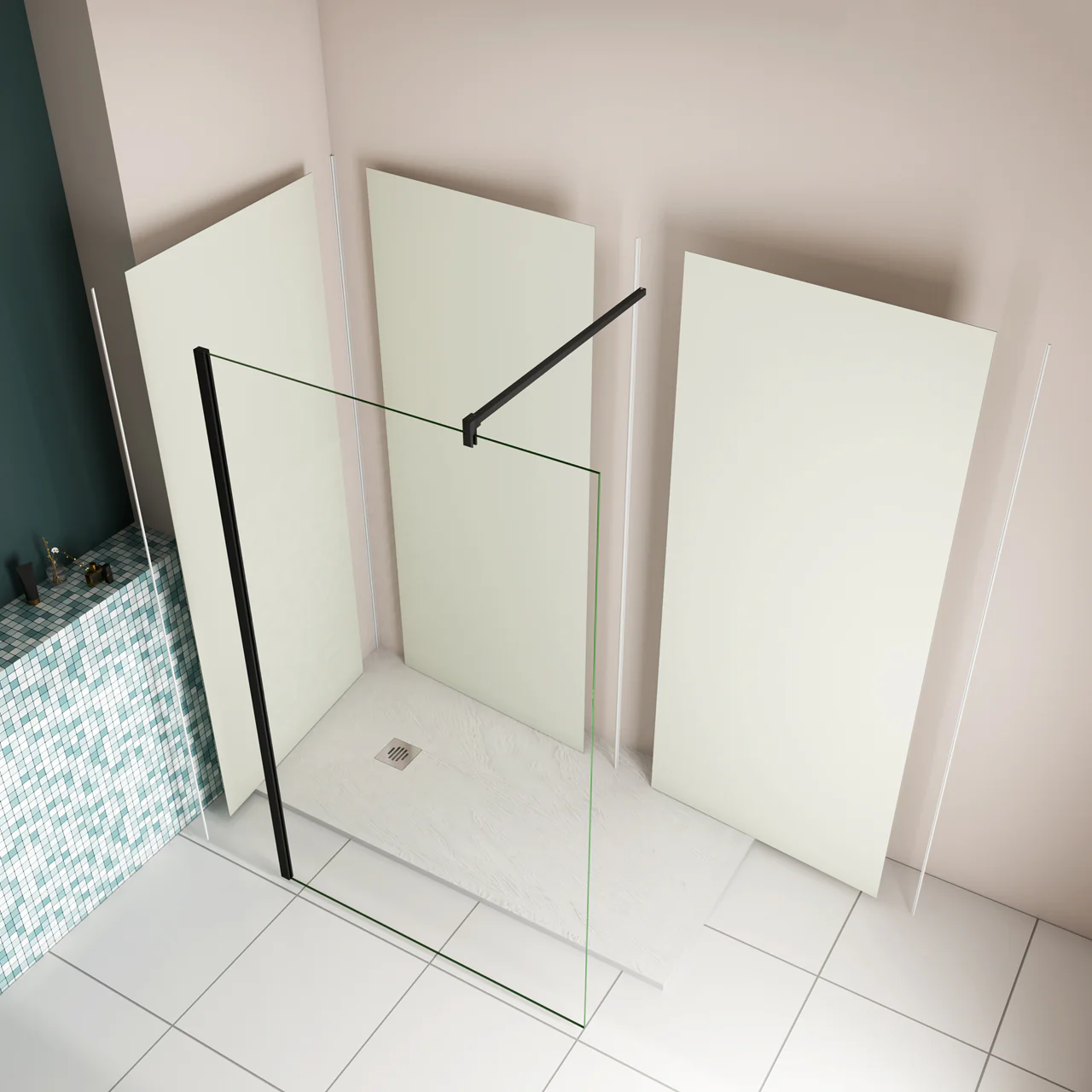 Pannello doccia angolare H.210 cm, disponibile in più misure, realizzato in alluminio da 3 mm con finitura bianco avorio, adatto per l'arredo delle pareti del bagno - Image 4