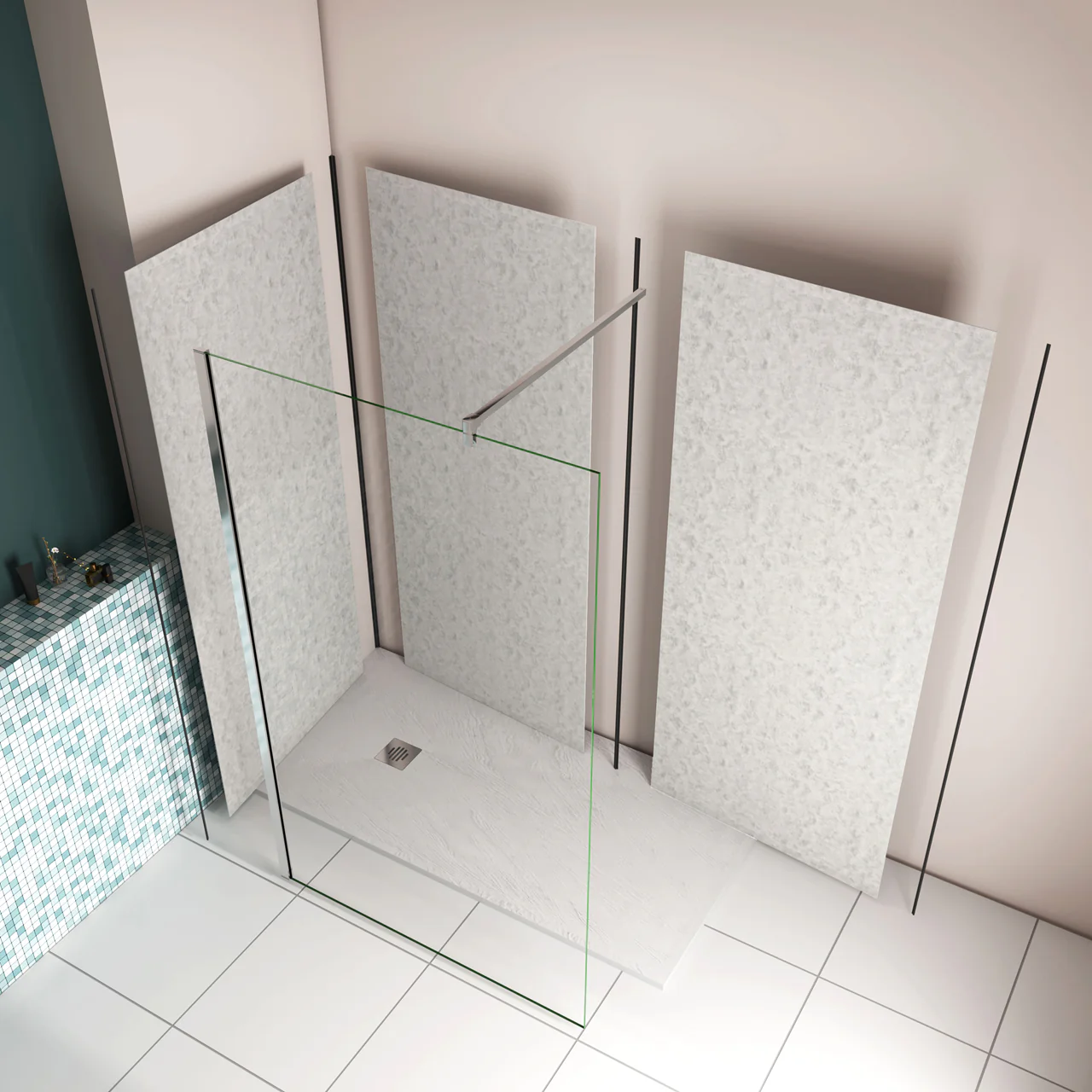 Pannello doccia angolare H.210 cm, disponibile in più misure, realizzato in alluminio da 3 mm con finitura grigio cemento, adatto per l'arredo delle pareti del bagno - Image 3