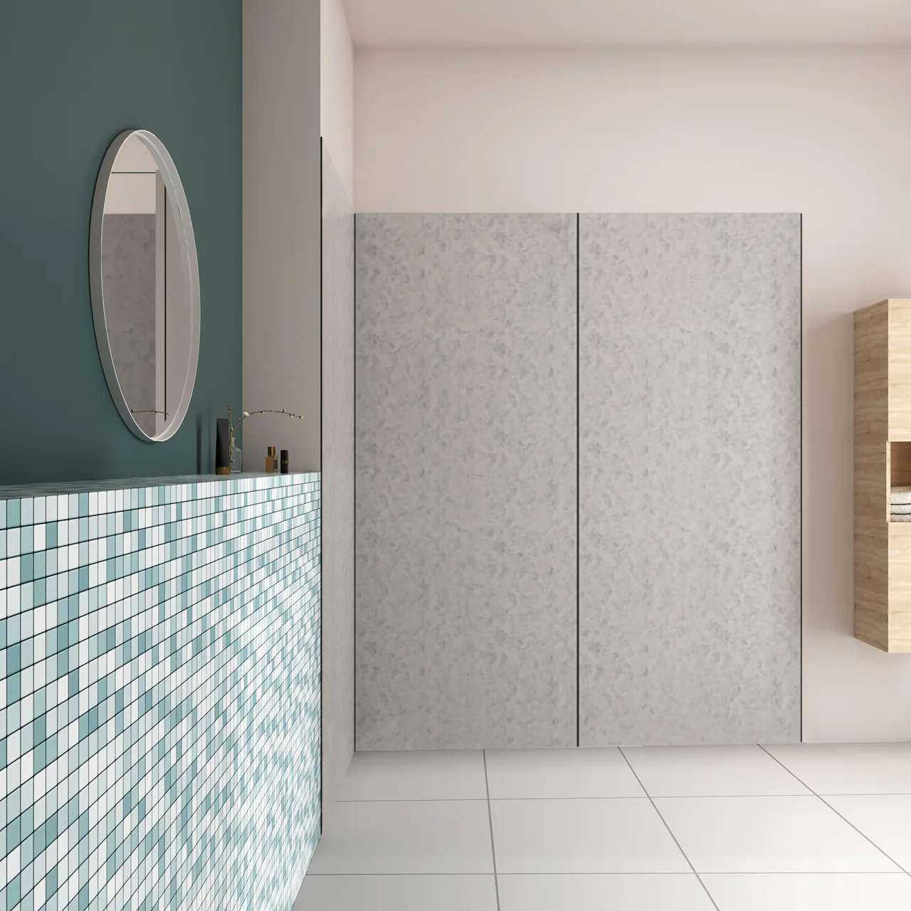 Pannello doccia angolare H.210 cm, disponibile in più misure, realizzato in alluminio da 3 mm con finitura grigio cemento, adatto per l'arredo delle pareti del bagno - Image 4