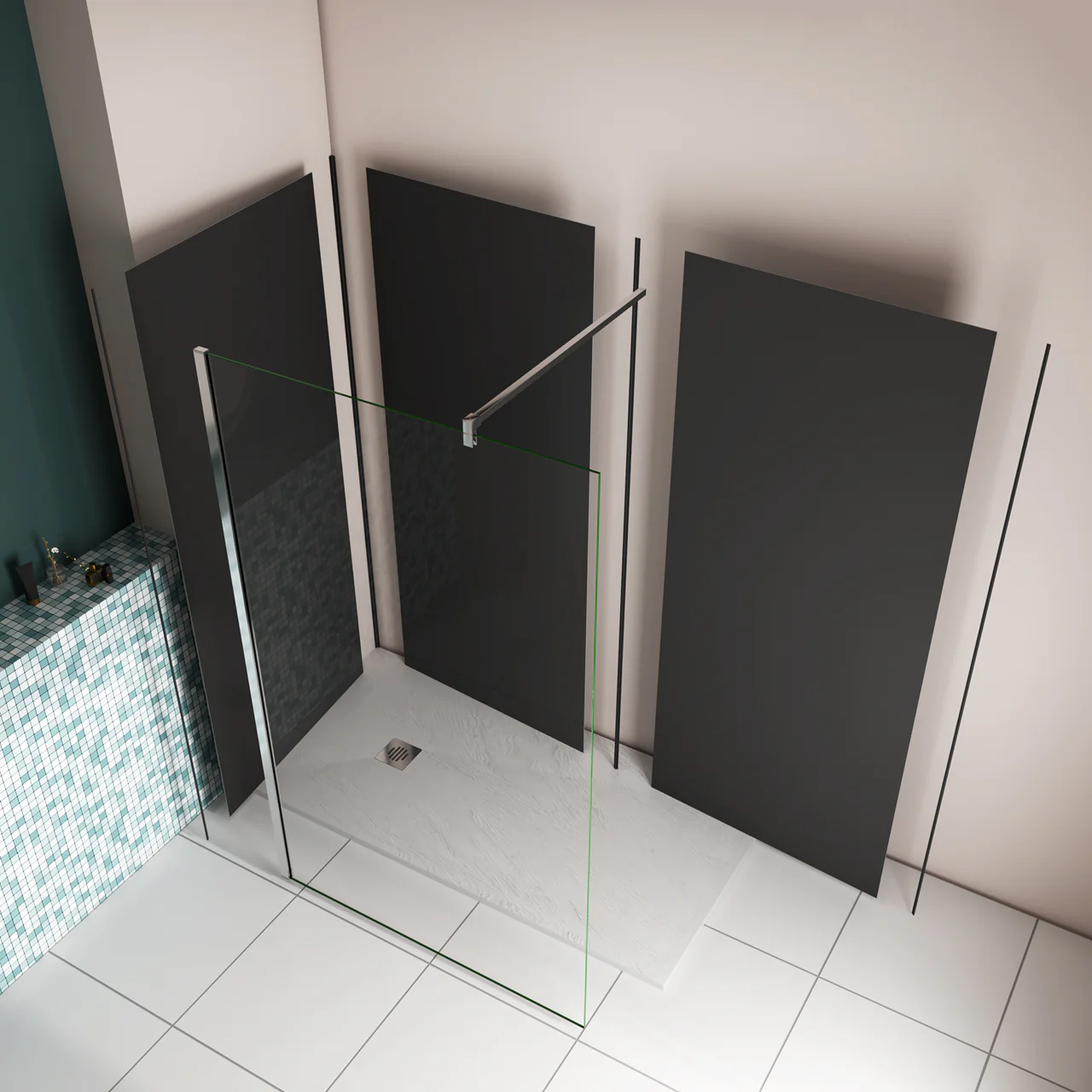 Pannello doccia angolare H.210 cm, disponibile in più misure, realizzato in alluminio da 3 mm con finitura nero opaco, adatto per l'arredo delle pareti del bagno. - Image 3