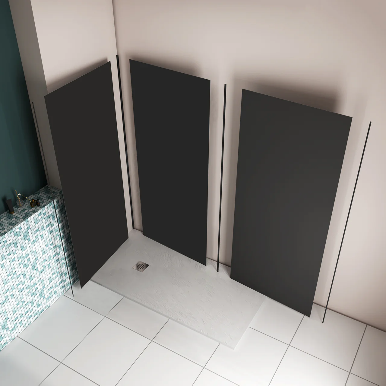 Pannello doccia angolare H.210 cm, disponibile in più misure, realizzato in alluminio da 3 mm con finitura nero opaco, adatto per l'arredo delle pareti del bagno. - Image 4