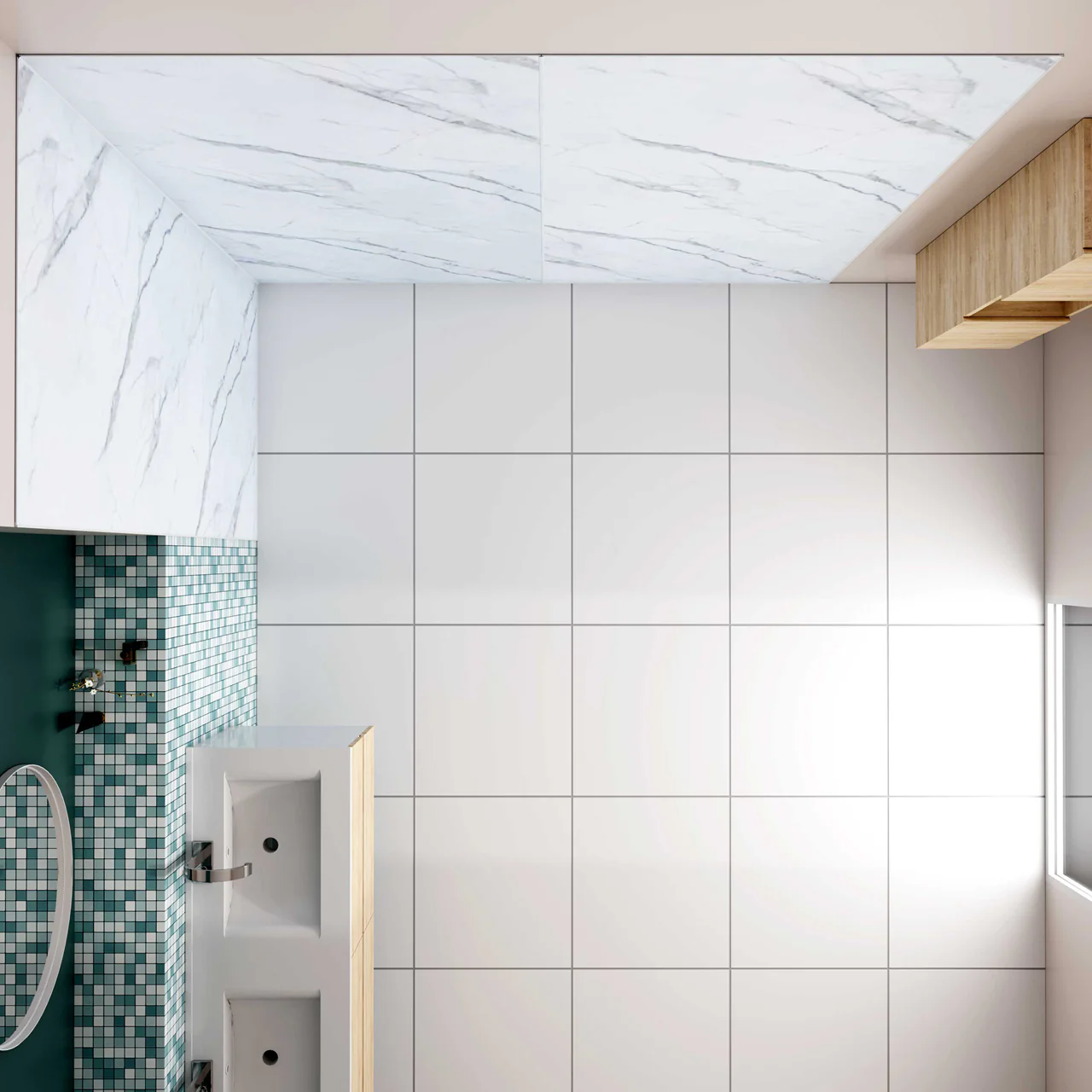 Pannello doccia angolare H.210 cm, realizzato in alluminio da 3 mm con finitura bianco Alba, adatto al rivestimento delle pareti del bagno. - Image 4
