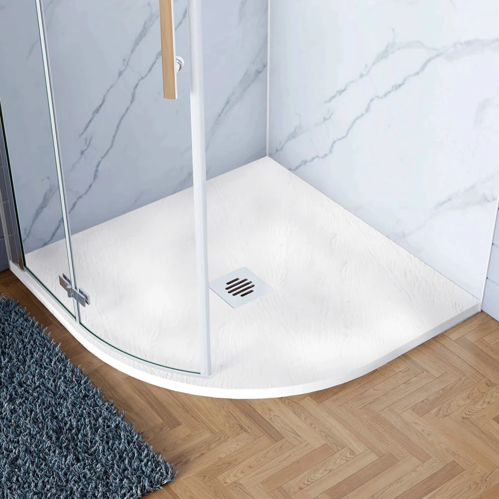 Piatto Doccia Semicircolare Bianco in Minerale e Mesina Mista Effetto Ardesia Ruvido Piletta e Tubo inclusi - Image 3