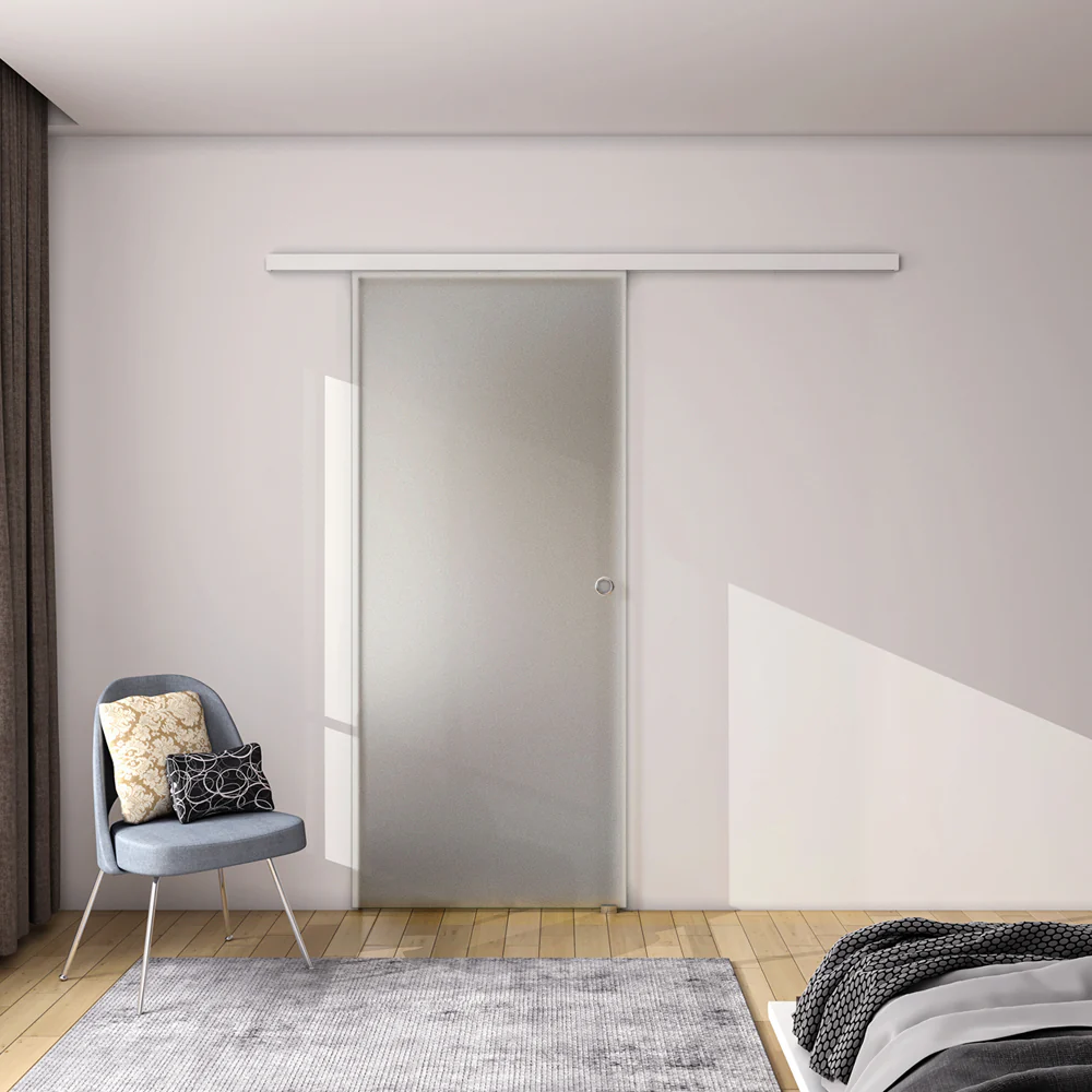 Porta Scorrevole in Vetro da 8mm Temperato Opaco con Pellicola Anti-frantumi con Binario in Alluminio Bianco Verniciato Altezza 225cm - Image 8