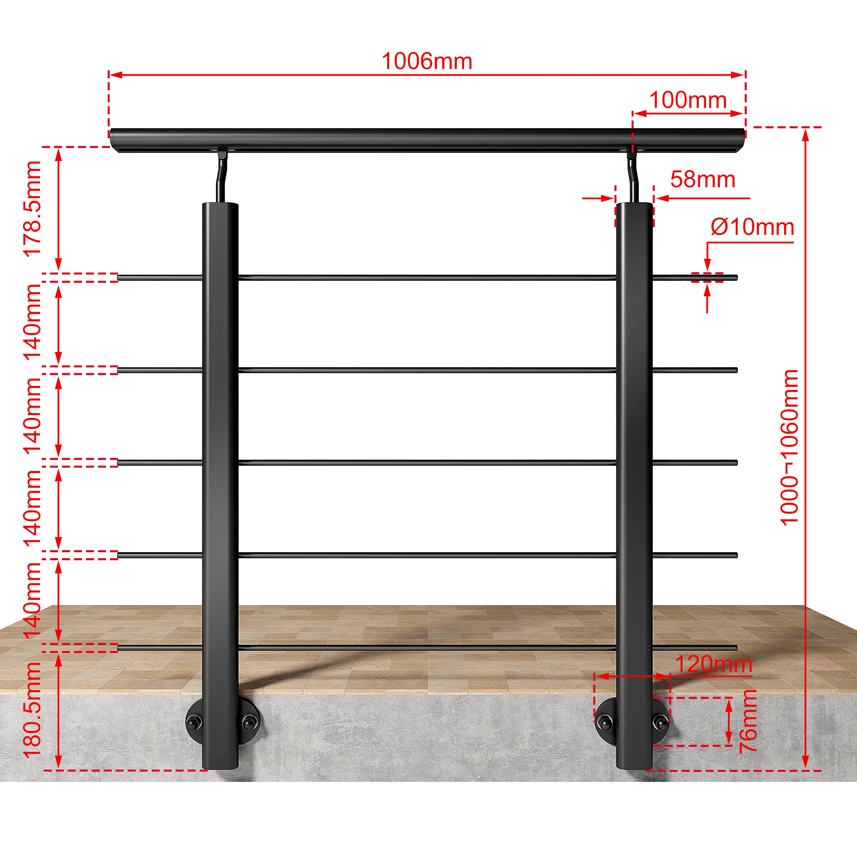 Ringhiera Balaustra in Alluminio Argento Opaco o Nero Opaco L. 100/150/200 cm a Montaggio a Parete, con Supporto di Collegamento a Parete - Image 20