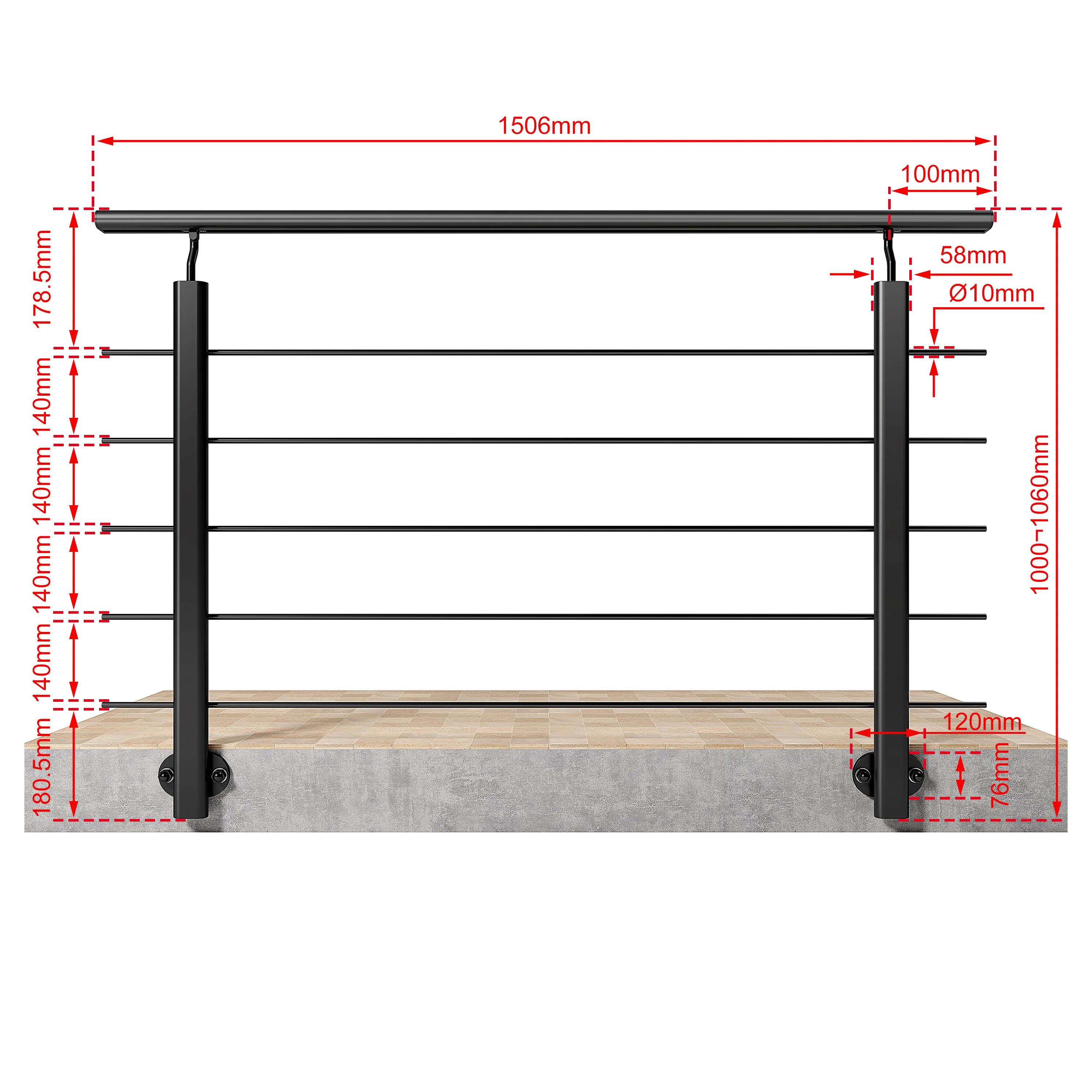 Ringhiera Balaustra in Alluminio Argento Opaco o Nero Opaco L. 100/150/200 cm a Montaggio a Parete, con Supporto di Collegamento a Parete - Image 21