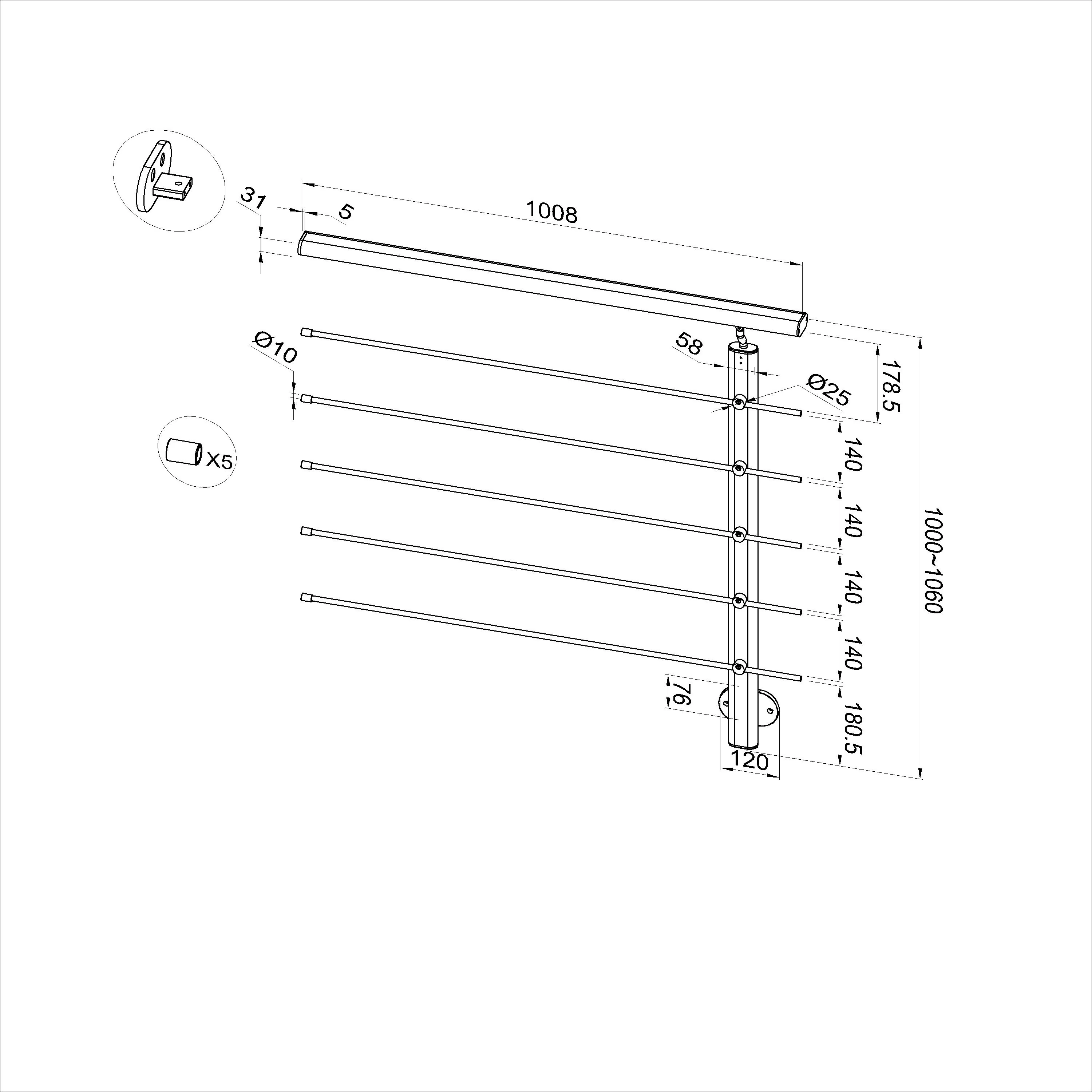 Ringhiera Parapetto in Alluminio Nero Opaco o Argento Opaco L. 100/150/200 cm a Montaggio a Parete, con supporto di collegamento a Parete - Image 20