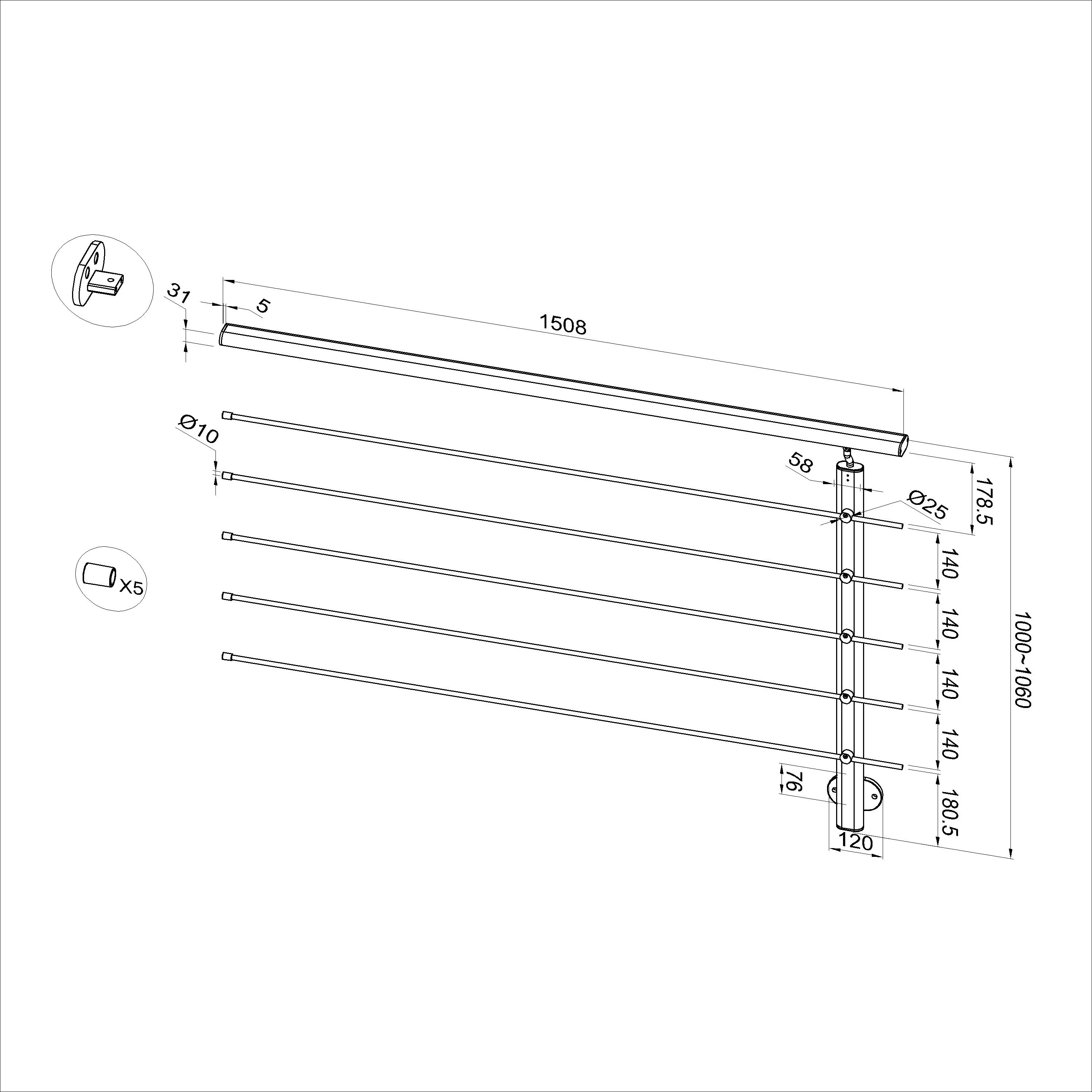 Ringhiera Parapetto in Alluminio Nero Opaco o Argento Opaco L. 100/150/200 cm a Montaggio a Parete, con supporto di collegamento a Parete - Image 21