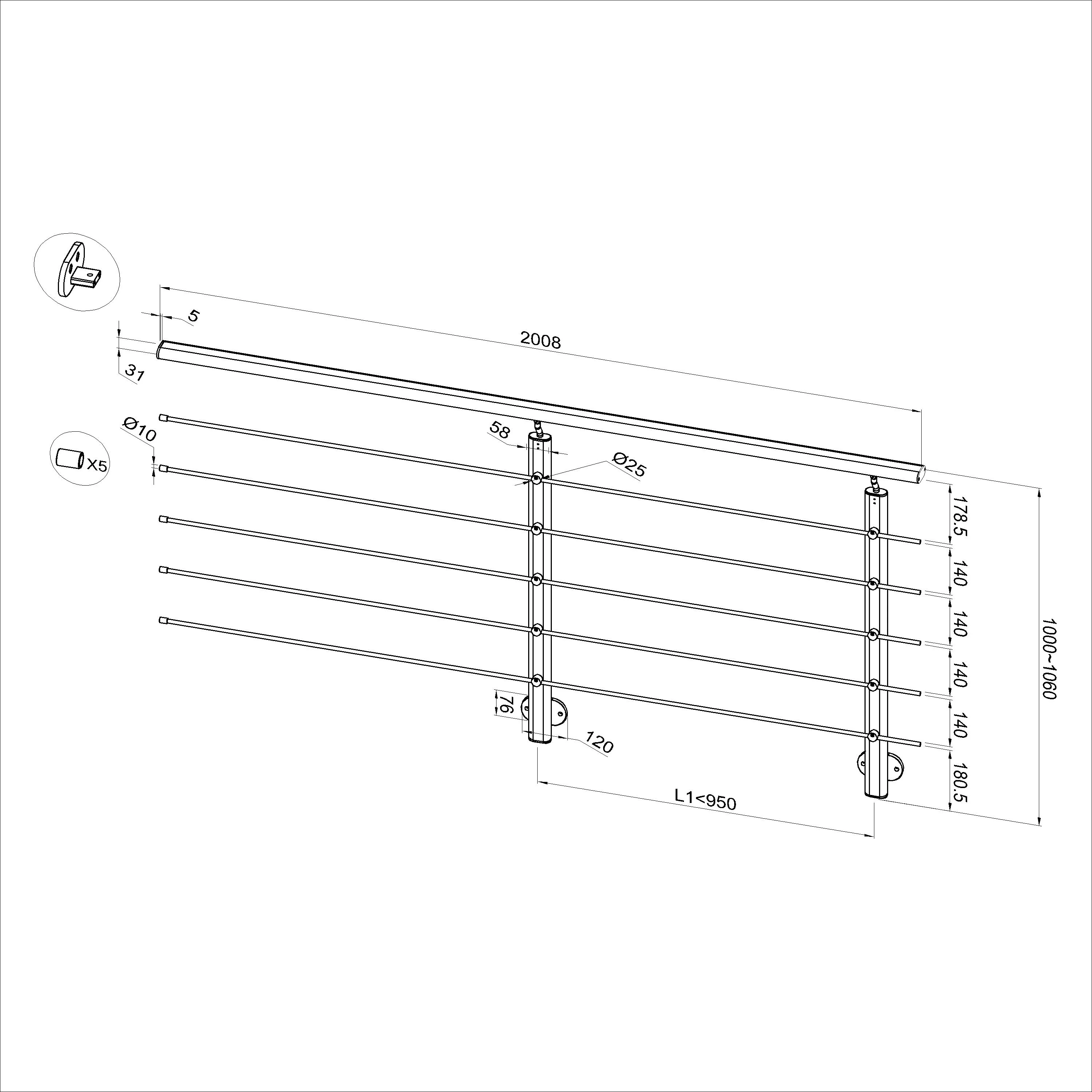 Ringhiera Parapetto in Alluminio Nero Opaco o Argento Opaco L. 100/150/200 cm a Montaggio a Parete, con supporto di collegamento a Parete - Image 22