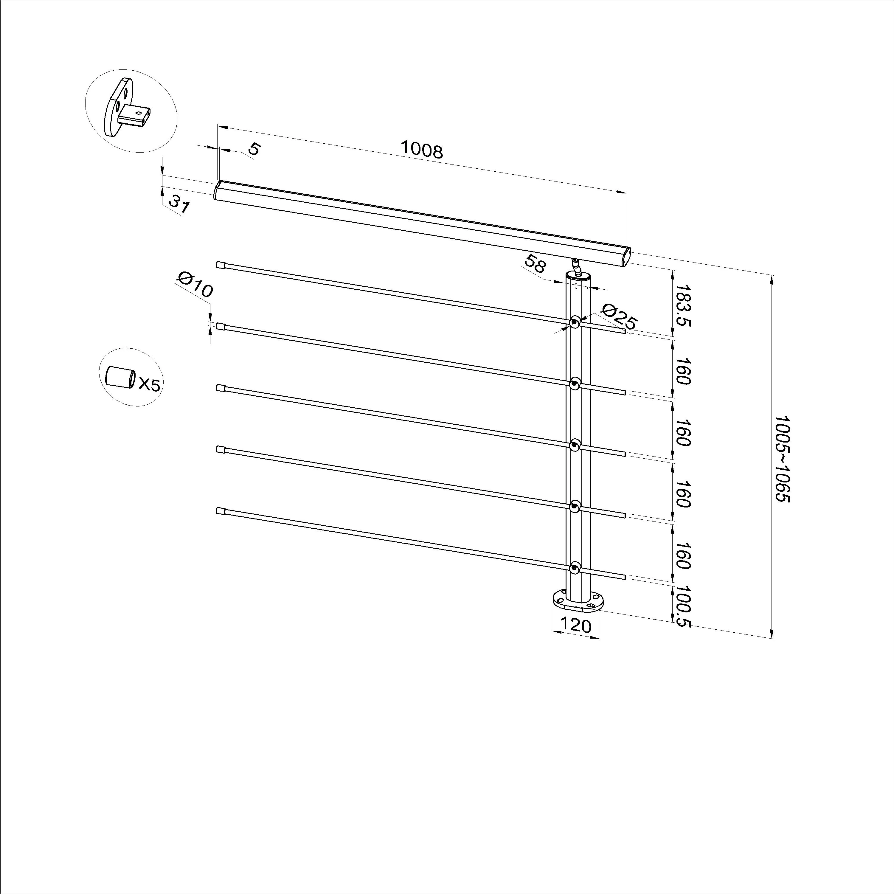 Ringhiera Balaustra in Alluminio Nero Opaco o Argento Opaco L. 100/150/200 cm a Montaggio a Pavimento, con Supporto di Collegamento a Parete - Image 14