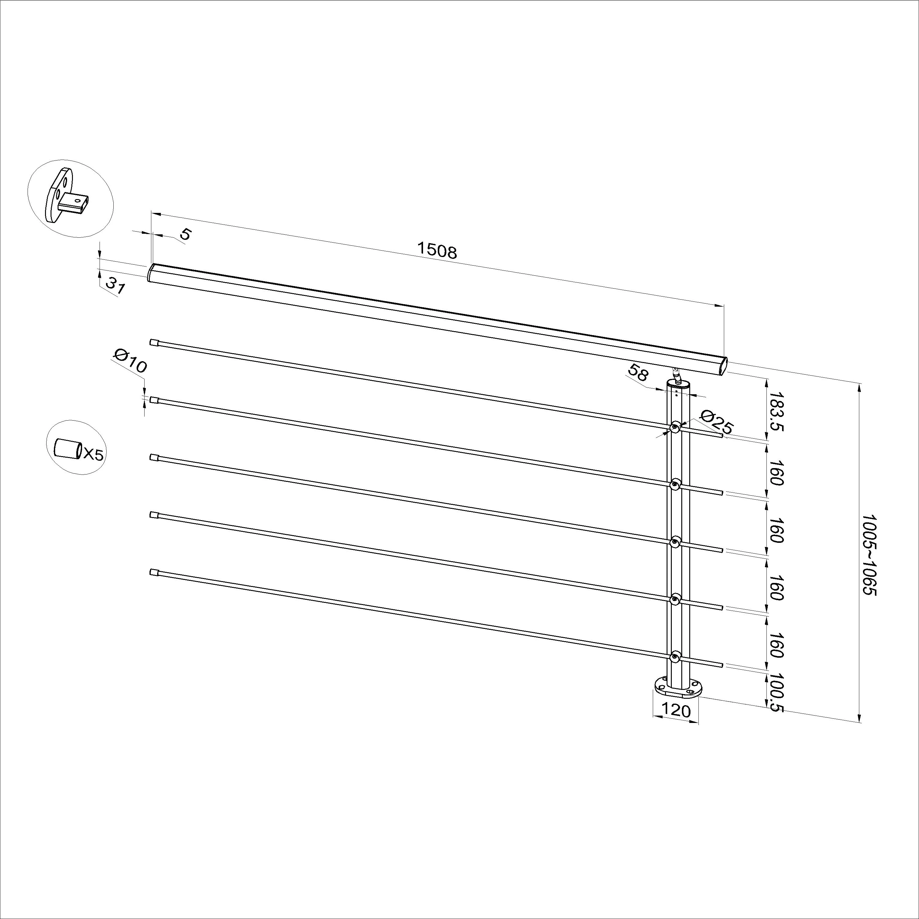Ringhiera Balaustra in Alluminio Nero Opaco o Argento Opaco L. 100/150/200 cm a Montaggio a Pavimento, con Supporto di Collegamento a Parete - Image 15