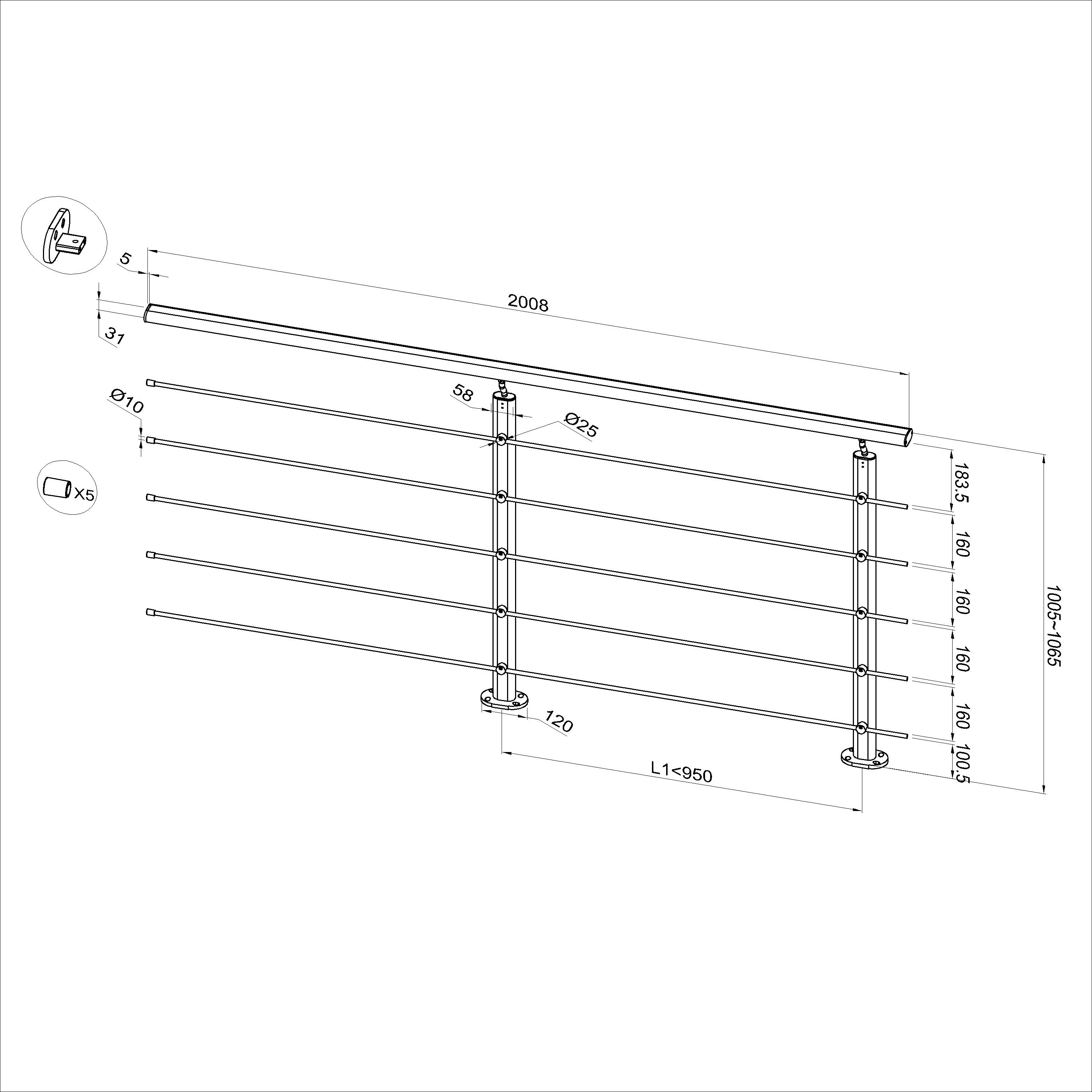 Ringhiera Balaustra in Alluminio Nero Opaco o Argento Opaco L. 100/150/200 cm a Montaggio a Pavimento, con Supporto di Collegamento a Parete - Image 16