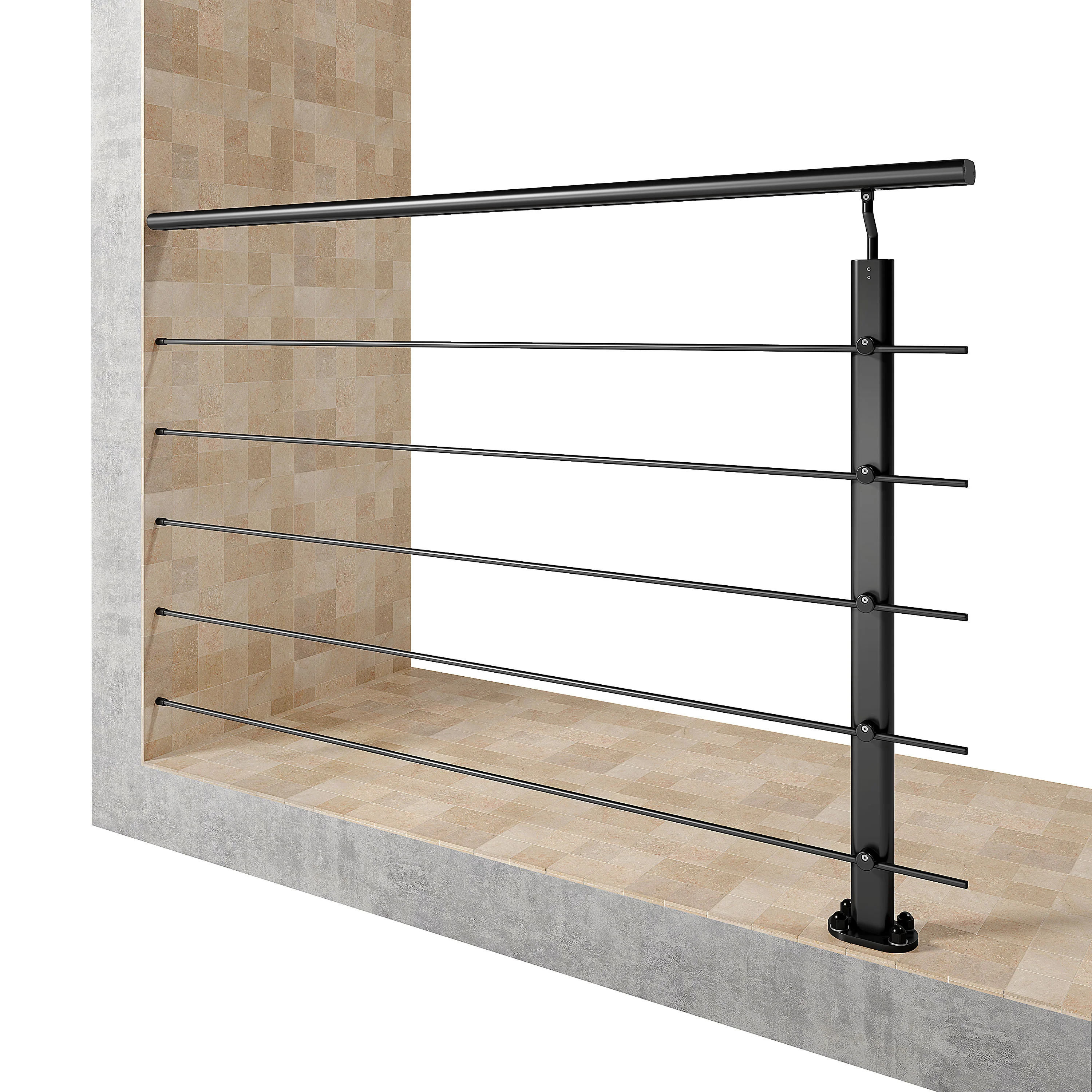 Ringhiera Balaustra in Alluminio Nero Opaco o Argento Opaco L. 100/150/200 cm a Montaggio a Pavimento, con Supporto di Collegamento a Parete - Image 3