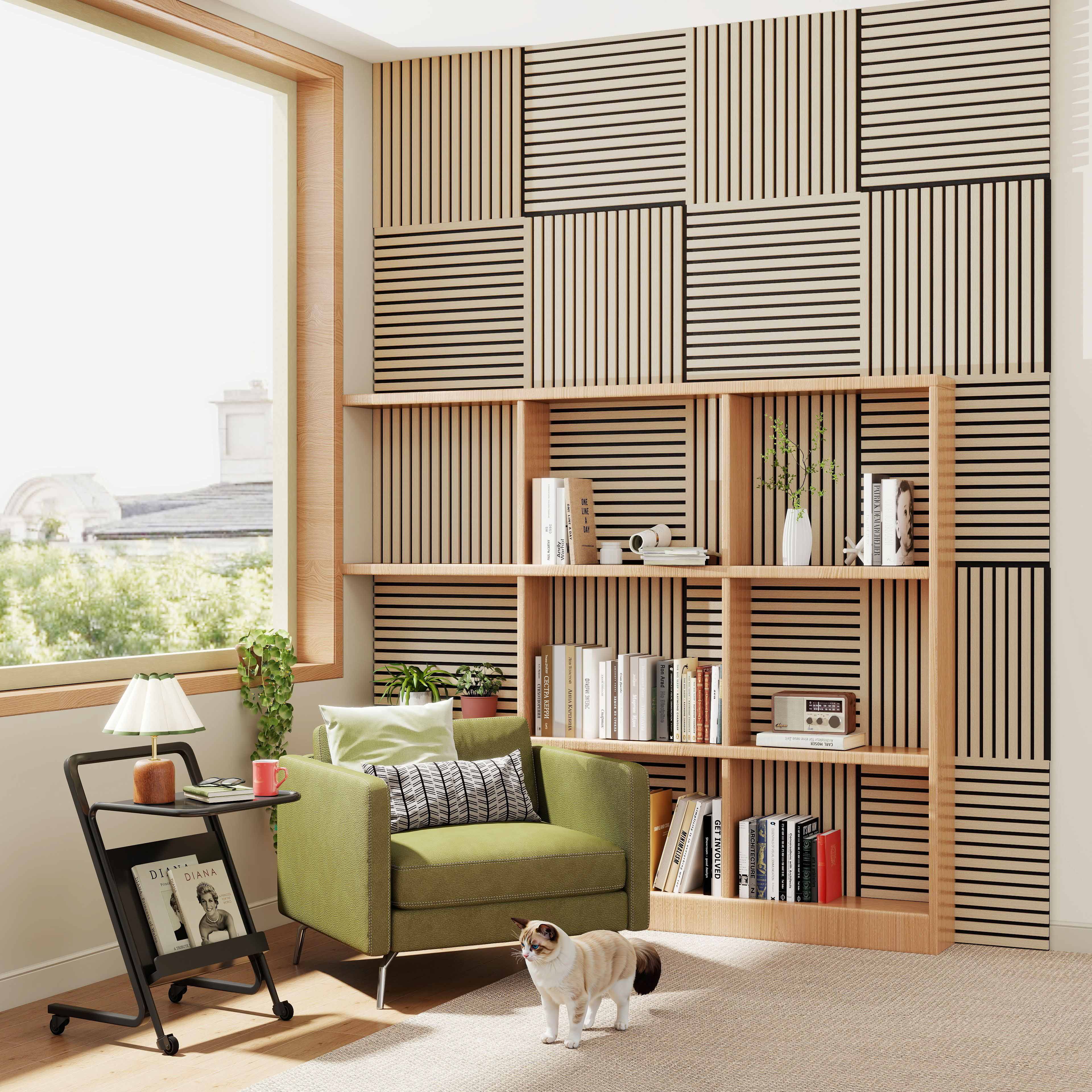Set di 4 pannelli decorativi fonoassorbenti in legno MDF, 60 cm × 60 cm, Sp 21 mm, Color rovere chiaro/scuro - Image 3