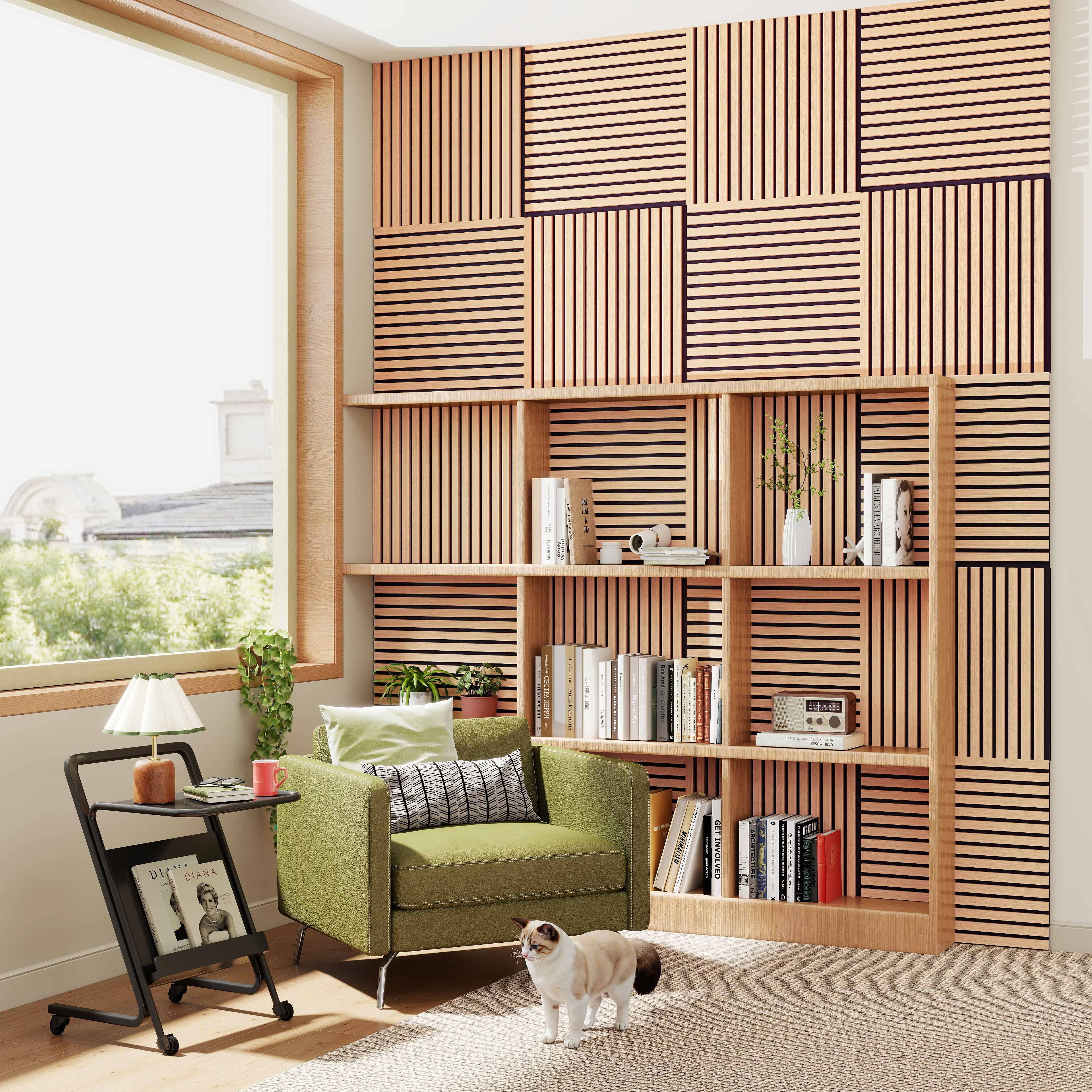 Set di 4 pannelli decorativi fonoassorbenti in legno MDF, 60 cm × 60 cm, Sp 21 mm, Color rovere chiaro/scuro - Image 4