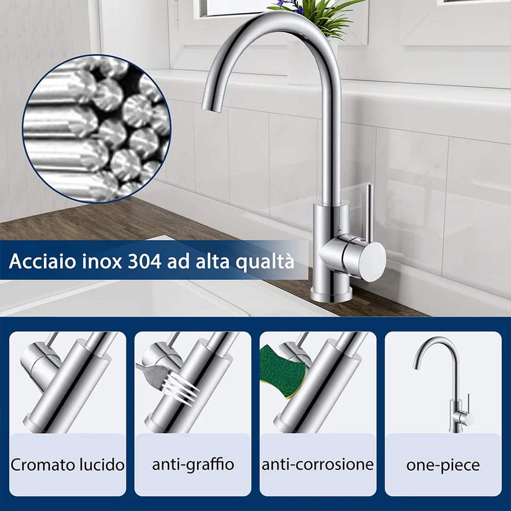 Rubinetto da Cucina, Miscelatore Monocomando per Lavello, Miscelatore Monocomando per Lavello in Acciaio Inox, Ruotabile di 360° - Image 7