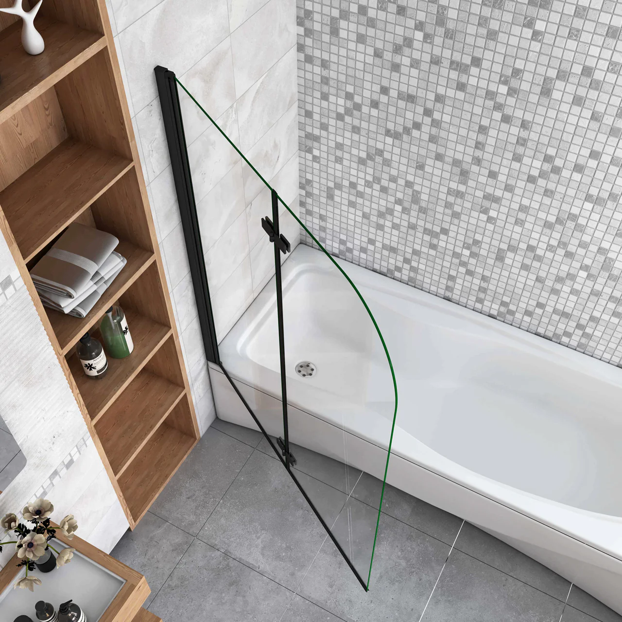 Sopravasca da Bagno Parete Vasca Doccia 90/100/110/120x140 cm Due Ante Movibili Vetro Temperato Trasparente 6 mm Anticalcare Telaio Nero Opaco - Image 2