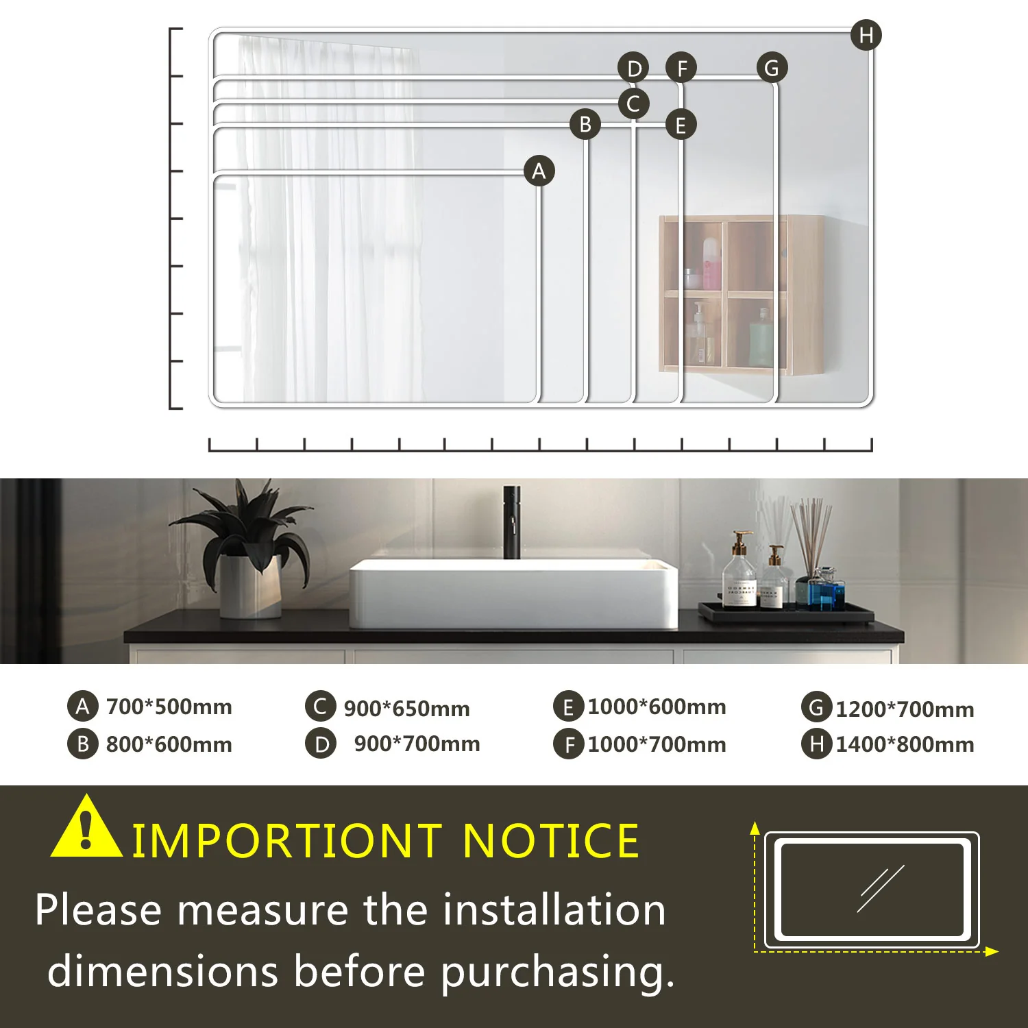 Aica 90×65cm Specchio da Bagno LED Quadrato, Anti Nebbia, Doppio Controllo Intelligente - Image 10