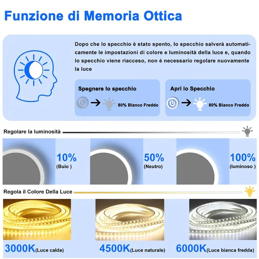 AICA Specchio da bagno rotondo con LED con antiappannamento, 3 temperature di colore e memoria per interruzione di corrente - Image 4