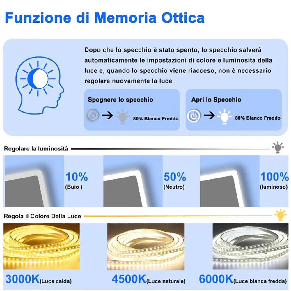 Aica LED Specchio da bagno 50×70 cm, luminosit regolabile a 3 colori, antiappannamento, memoria di interruzione di corrente - Image 5