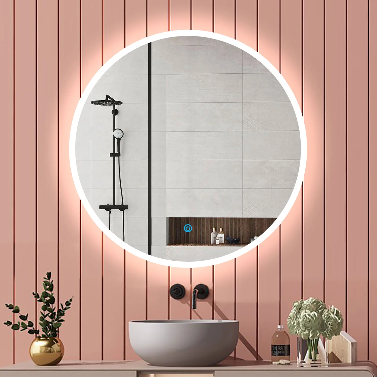 Aica Specchio da bagno rotondo da parete con LED , Anti-appannamento, Luce Bianca Fredda 6000K, Tocco Intelligente, Retroilluminato