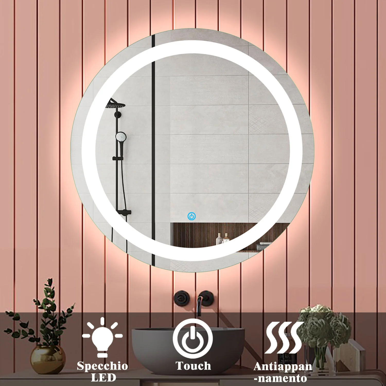 Aica Specchio da bagno rotondo da parete con LED , Anti-appannamento, Luce Bianca Fredda 6000K, Tocco Intelligente, Retroilluminato - Image 11