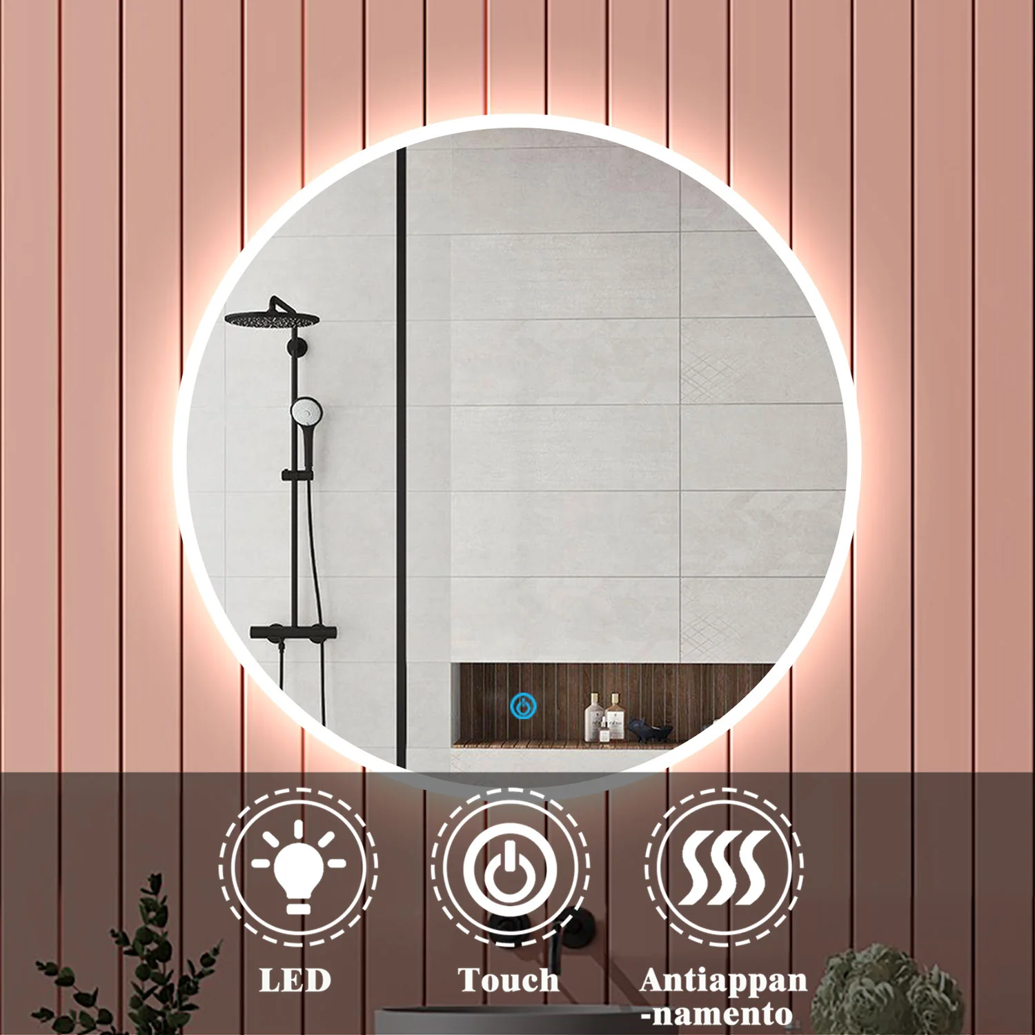 Aica Specchio da bagno rotondo da parete con LED , Anti-appannamento, Luce Bianca Fredda 6000K, Tocco Intelligente, Retroilluminato - Image 12