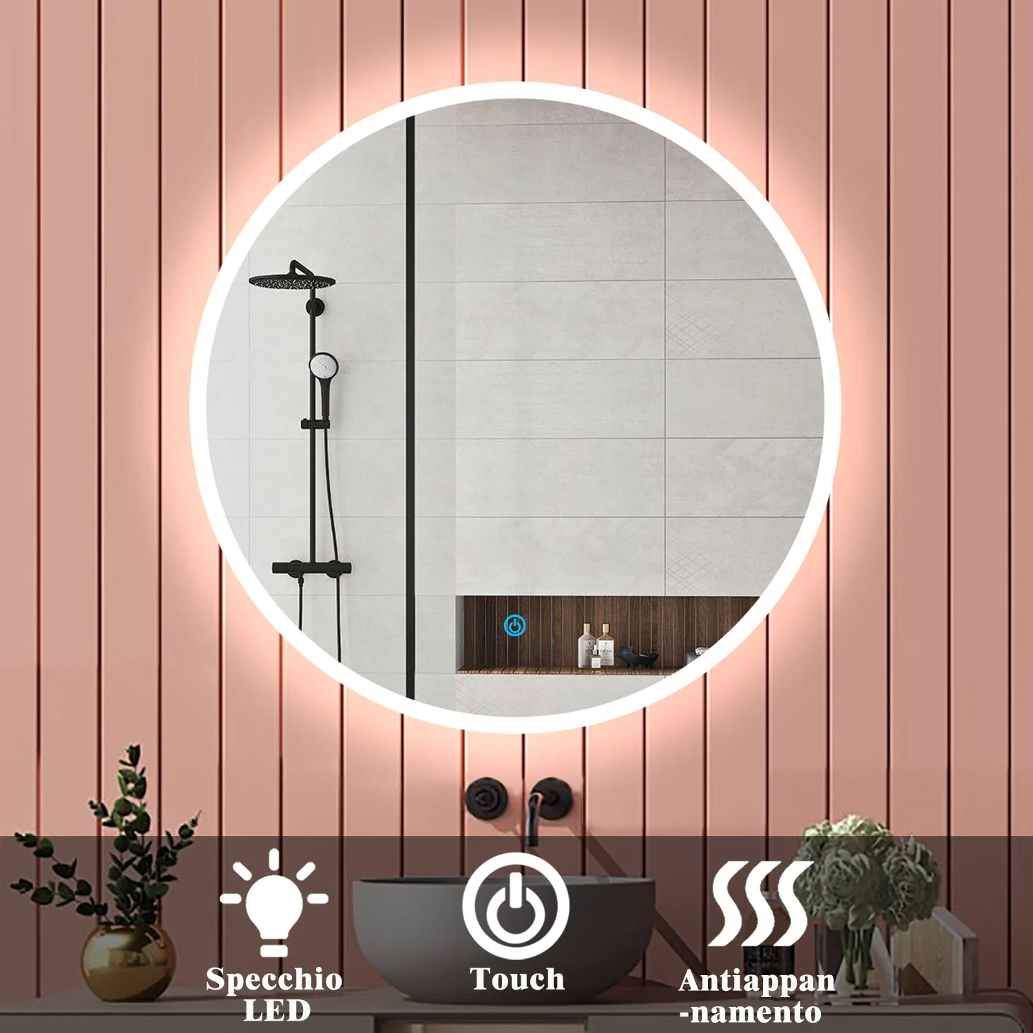 Aica Specchio da bagno rotondo da parete con LED , Anti-appannamento, Luce Bianca Fredda 6000K, Tocco Intelligente, Retroilluminato - Image 14