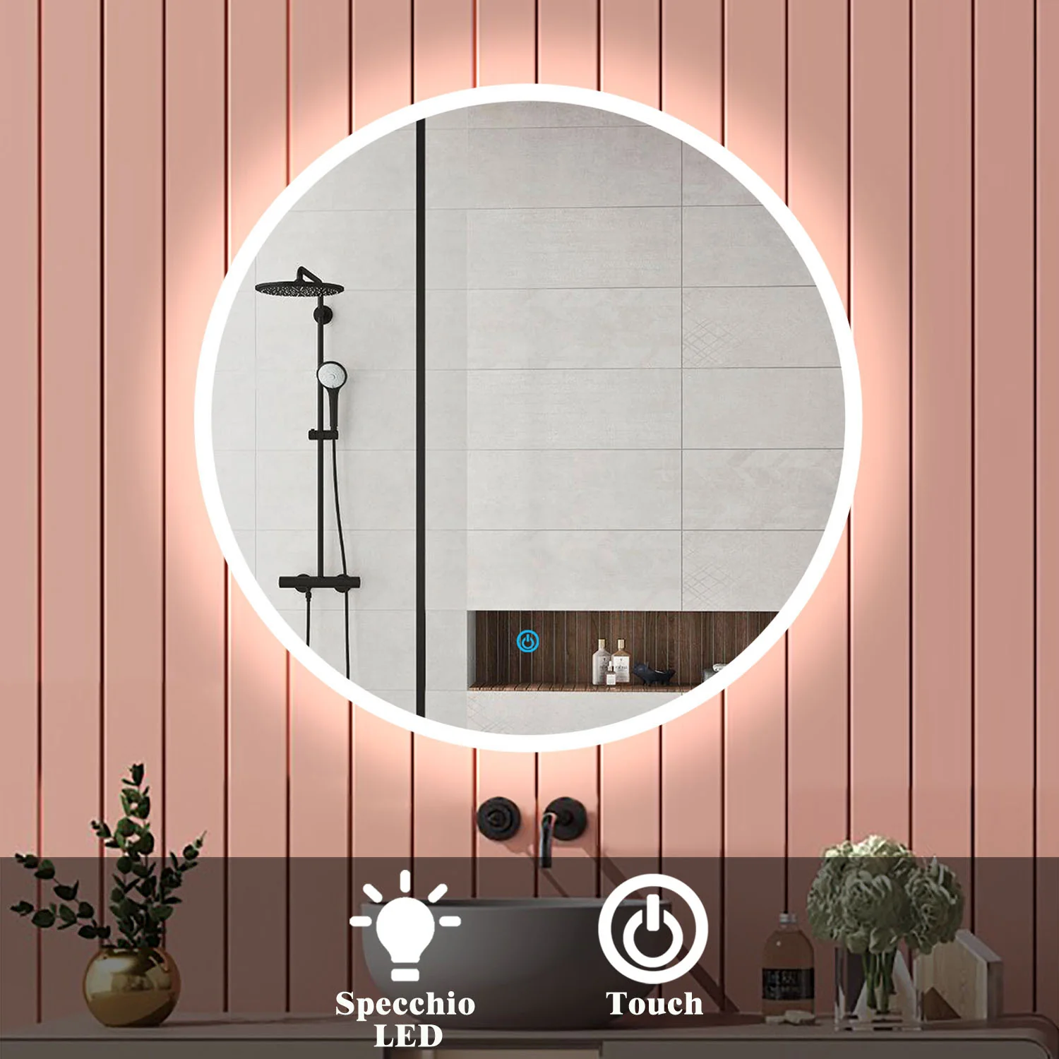 Aica Specchio da bagno rotondo da parete con LED , Anti-appannamento, Luce Bianca Fredda 6000K, Tocco Intelligente, Retroilluminato - Image 8