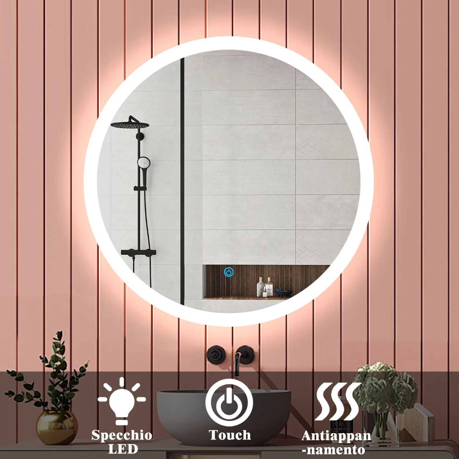 Aica Specchio da bagno rotondo da parete con LED , Anti-appannamento, Luce Bianca Fredda 6000K, Tocco Intelligente, Retroilluminato - Image 9