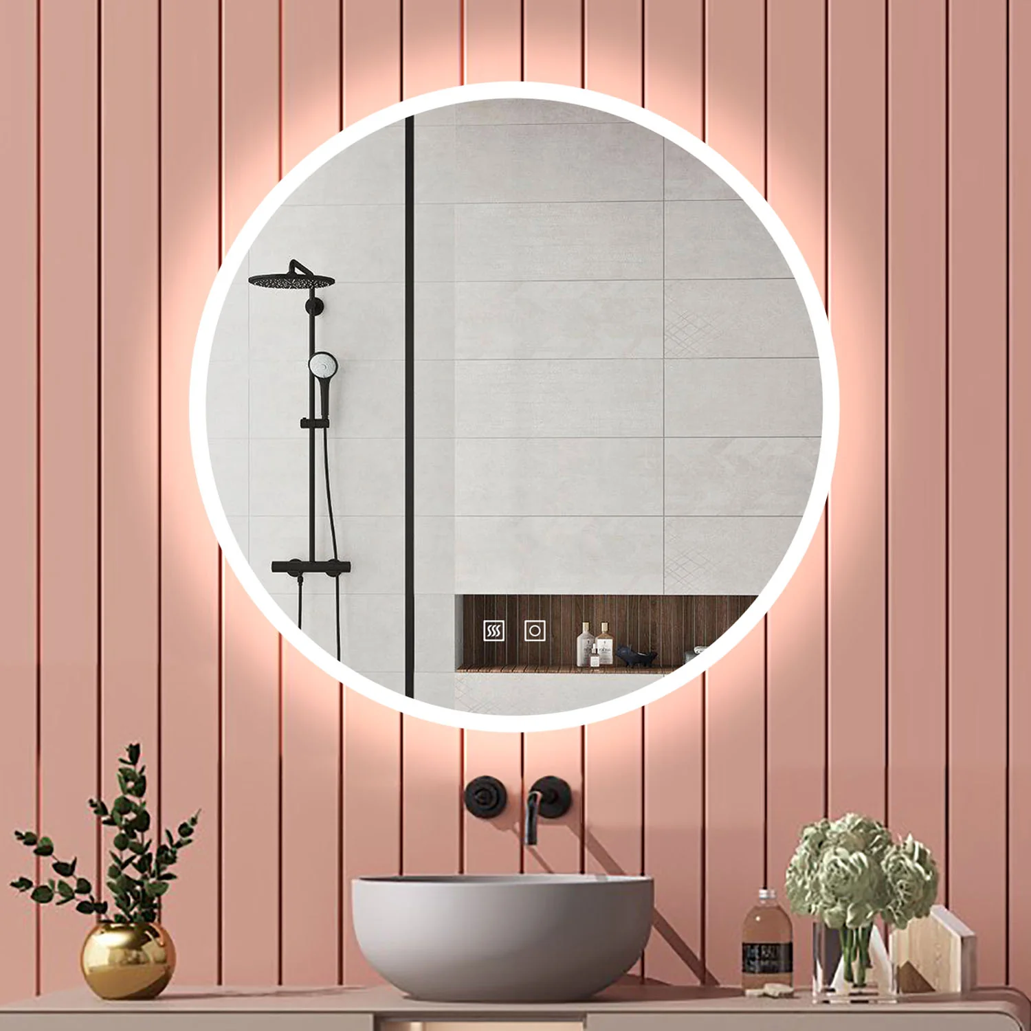 Aica Specchio Rotondo Bagno Led 60/70/80cm Due interruttori a sfioramento, 3 Temperature di Colore con Antiappannamento, Retroilluminato - Image 2
