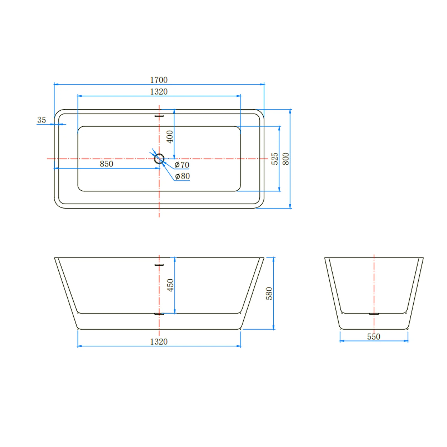 Vasca da Bagno a Isola 150x72x56/170x80x58 cm Vasca da Bagno Freestanding in Acrilico Bianco Rettangolare - Image 6