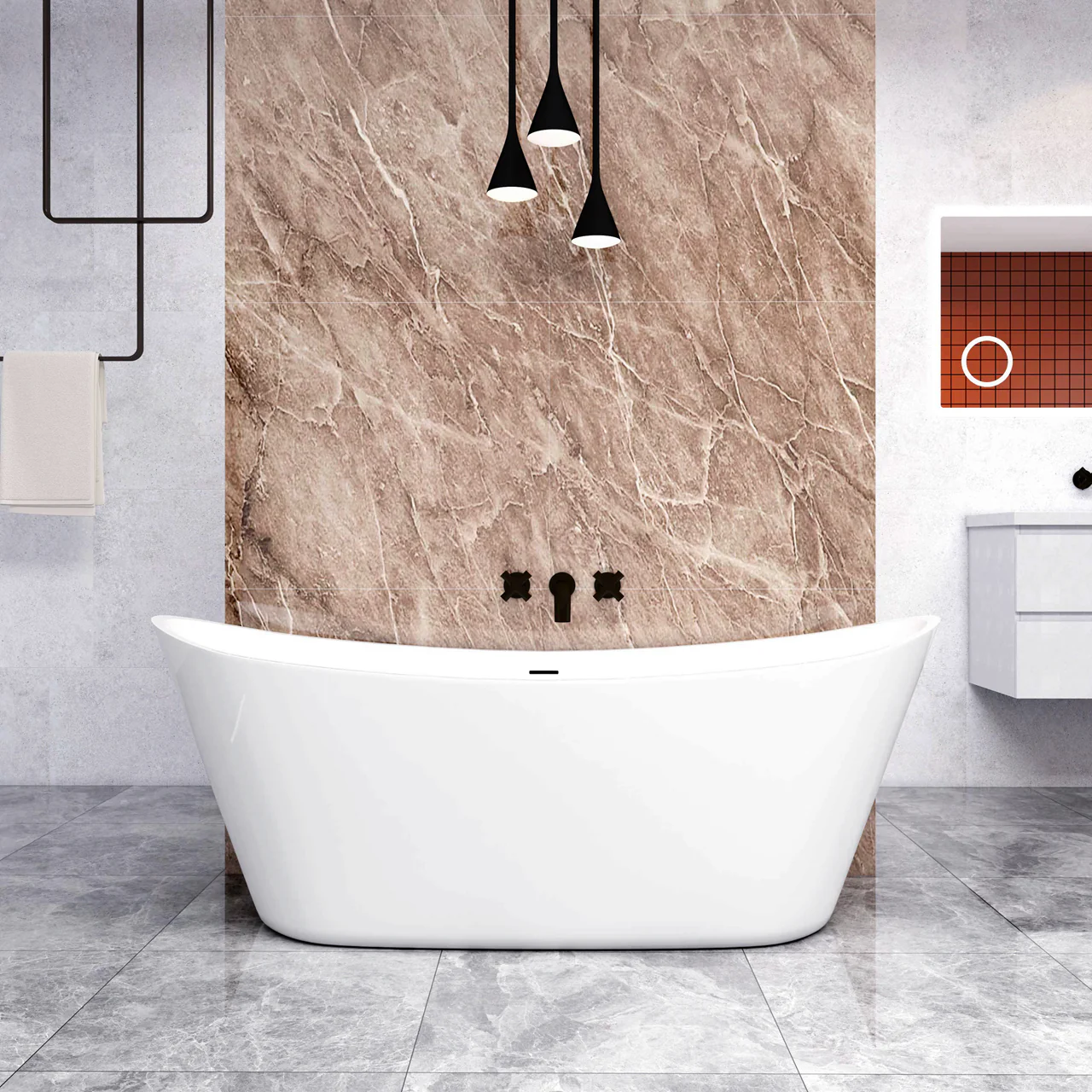 Vasca da Bagno a Isola 150x72x65/170x72x65 cm Vasca da Bagno Freestanding in Acrilico Bianco Barca Ovale - Image 3