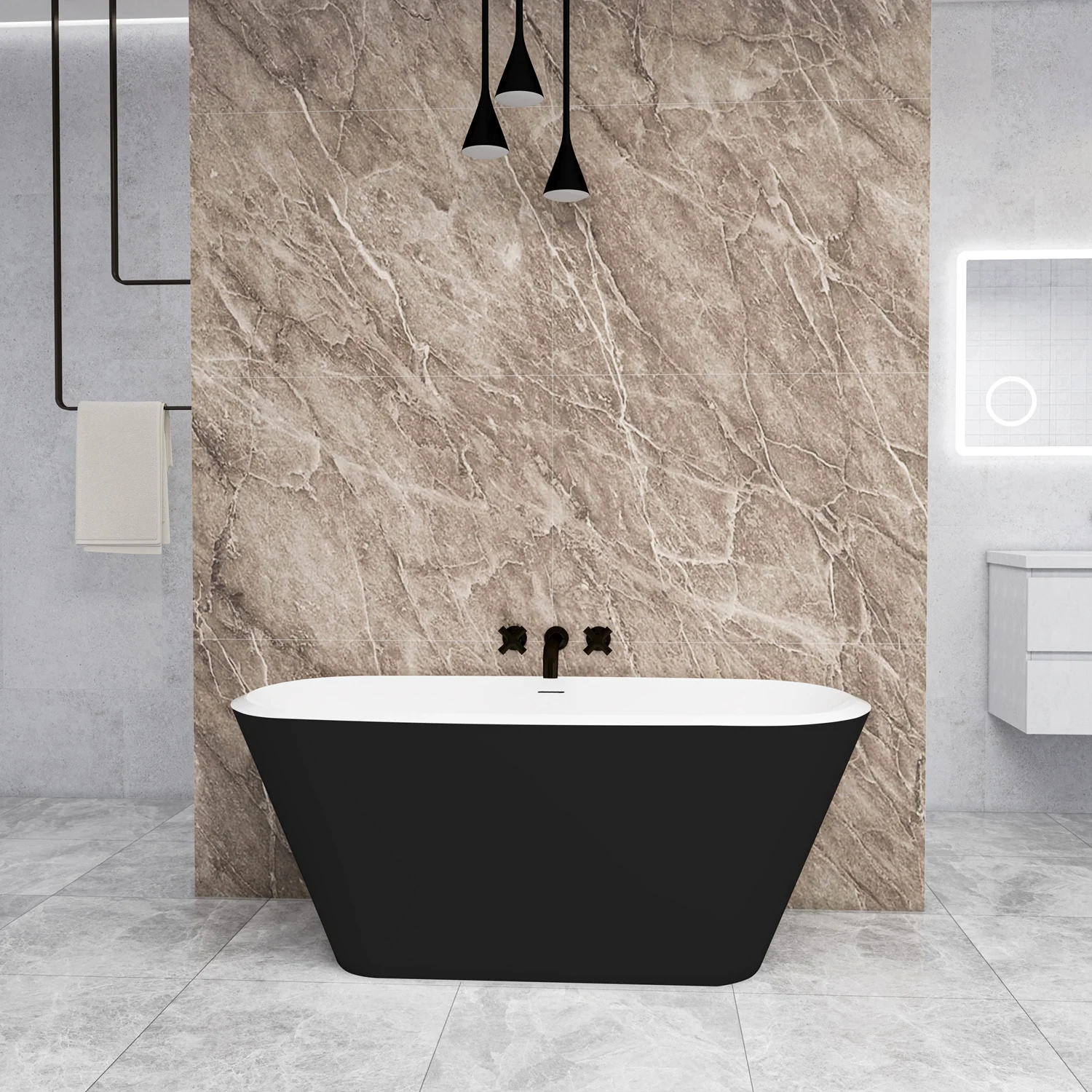 Vasca da Bagno a Isola Freestanding in Acrilico da 150x72x60 /170x78x60cm, Colore Nero, Forma Ovale - Image 3