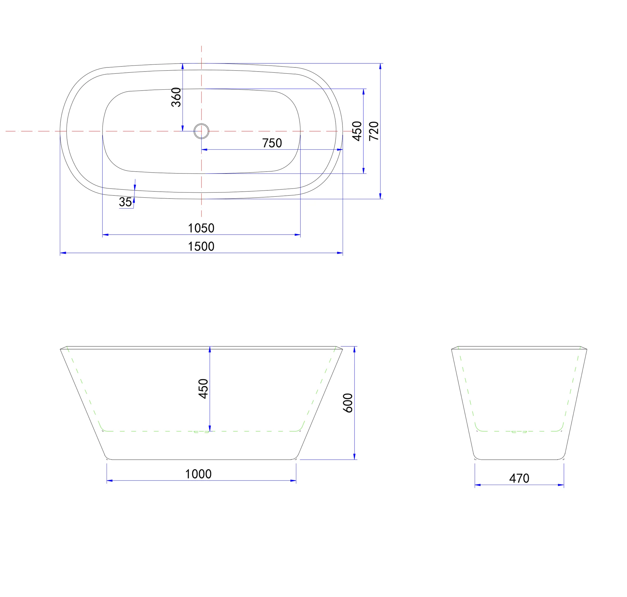 Vasca da Bagno a Isola Freestanding in Acrilico da 150x72x60 /170x78x60cm, Colore Nero, Forma Ovale - Image 5