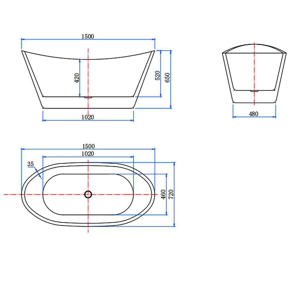 Vasca da Bagno a Isola Freestanding in Acrilico da 150x72x65 cm, Colore Bianco, Forma di Barca Ovale - Image 5