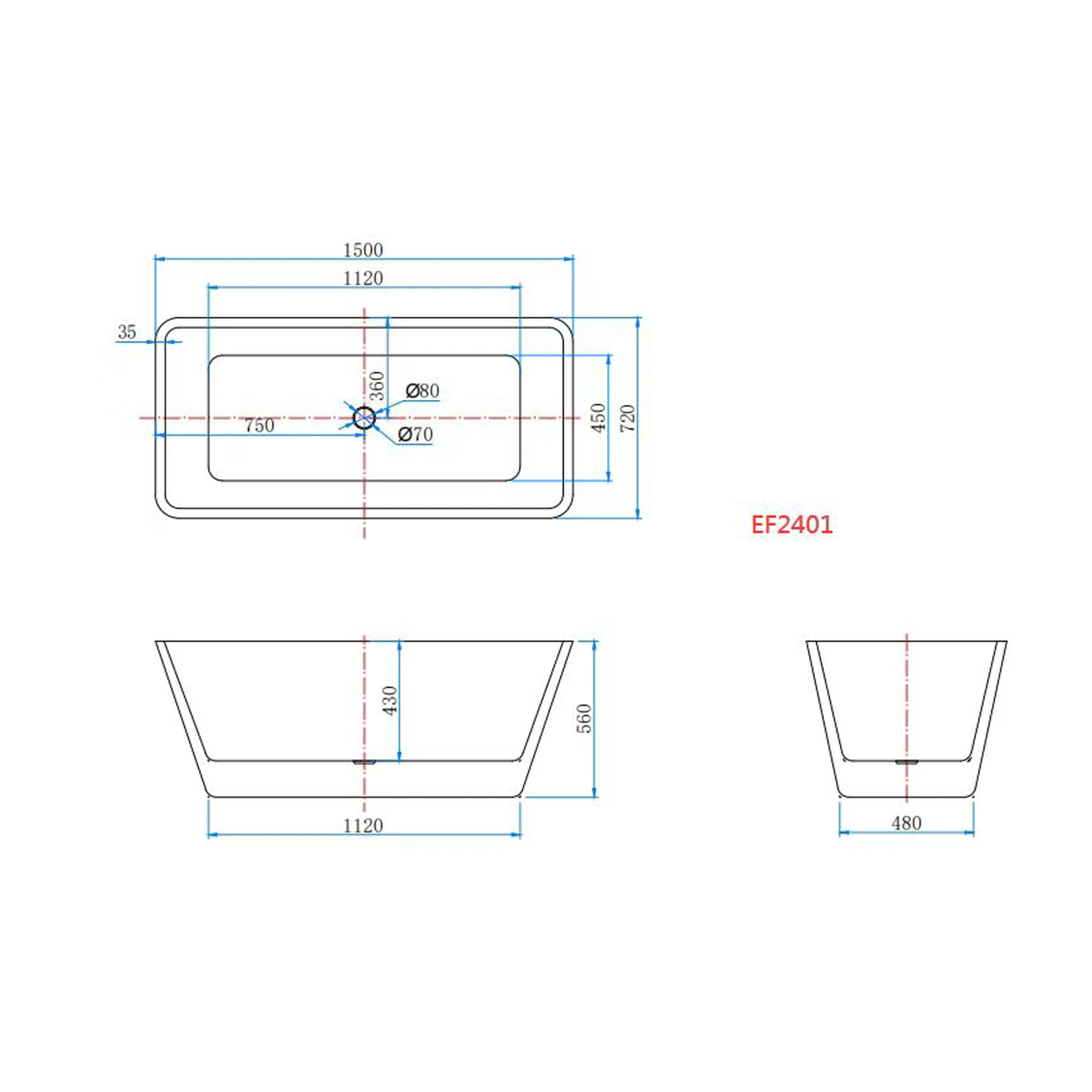 Vasca da Bagno a Isola Freestanding in Acrilico da 170x80x58 cm/150x72x56 cm, Colore Bianco, Forma Rettangolare - Image 12