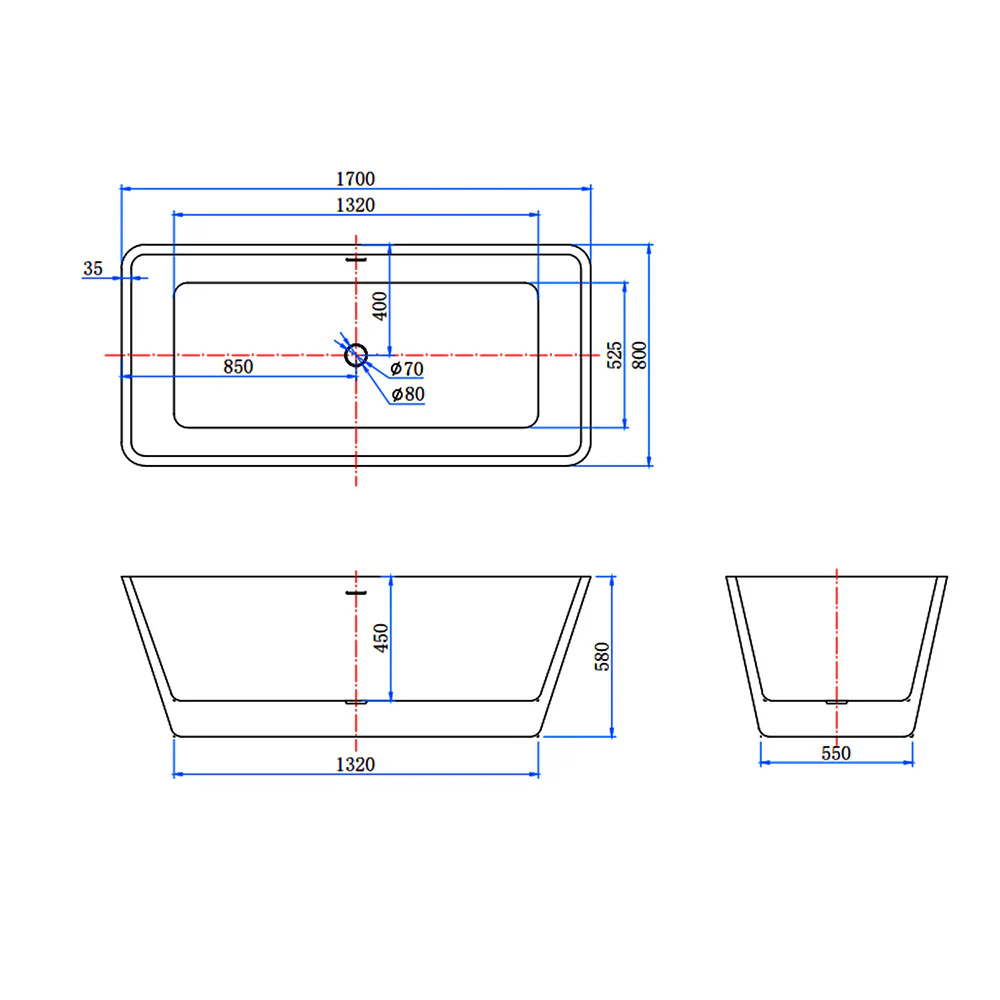 Vasca da Bagno a Isola Freestanding in Acrilico da 170x80x58 cm/150x72x56 cm, Colore Bianco, Forma Rettangolare - Image 7